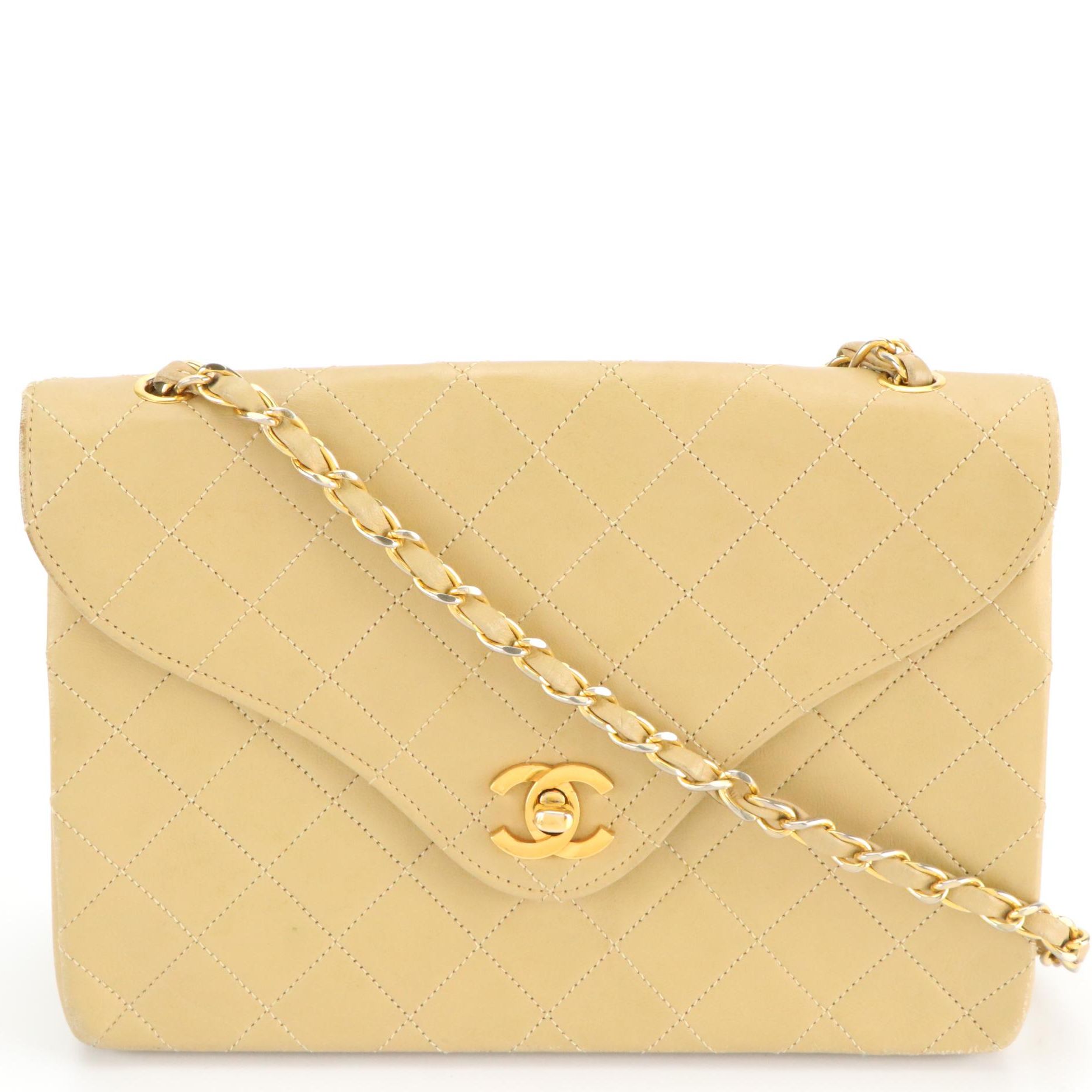 Chanel Flap Front Shoulder Bag in Beige Quilted Lambskin Leather