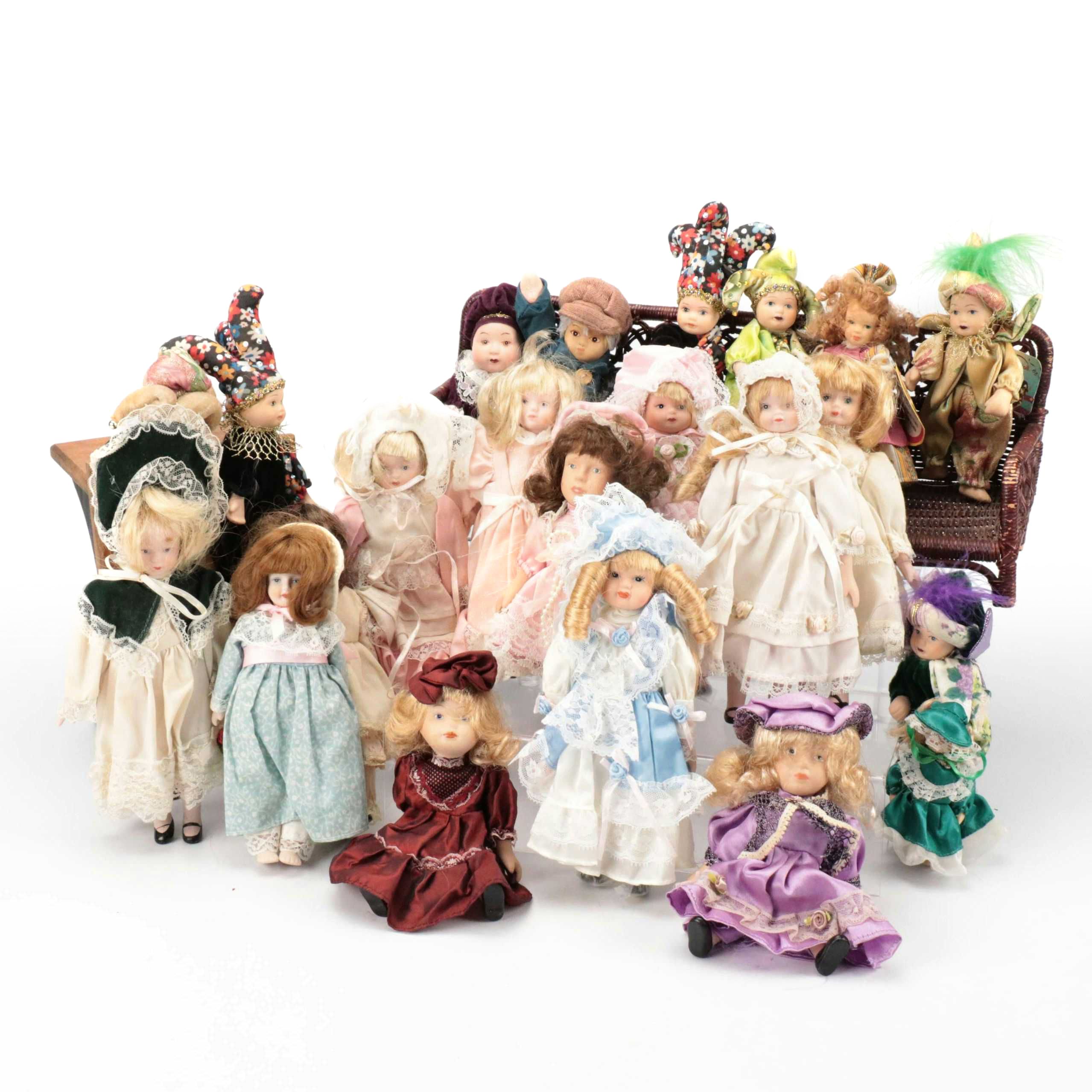 Small Porcelain Clown and Victorian Dress Dolls with Bench and Chair, Vintage