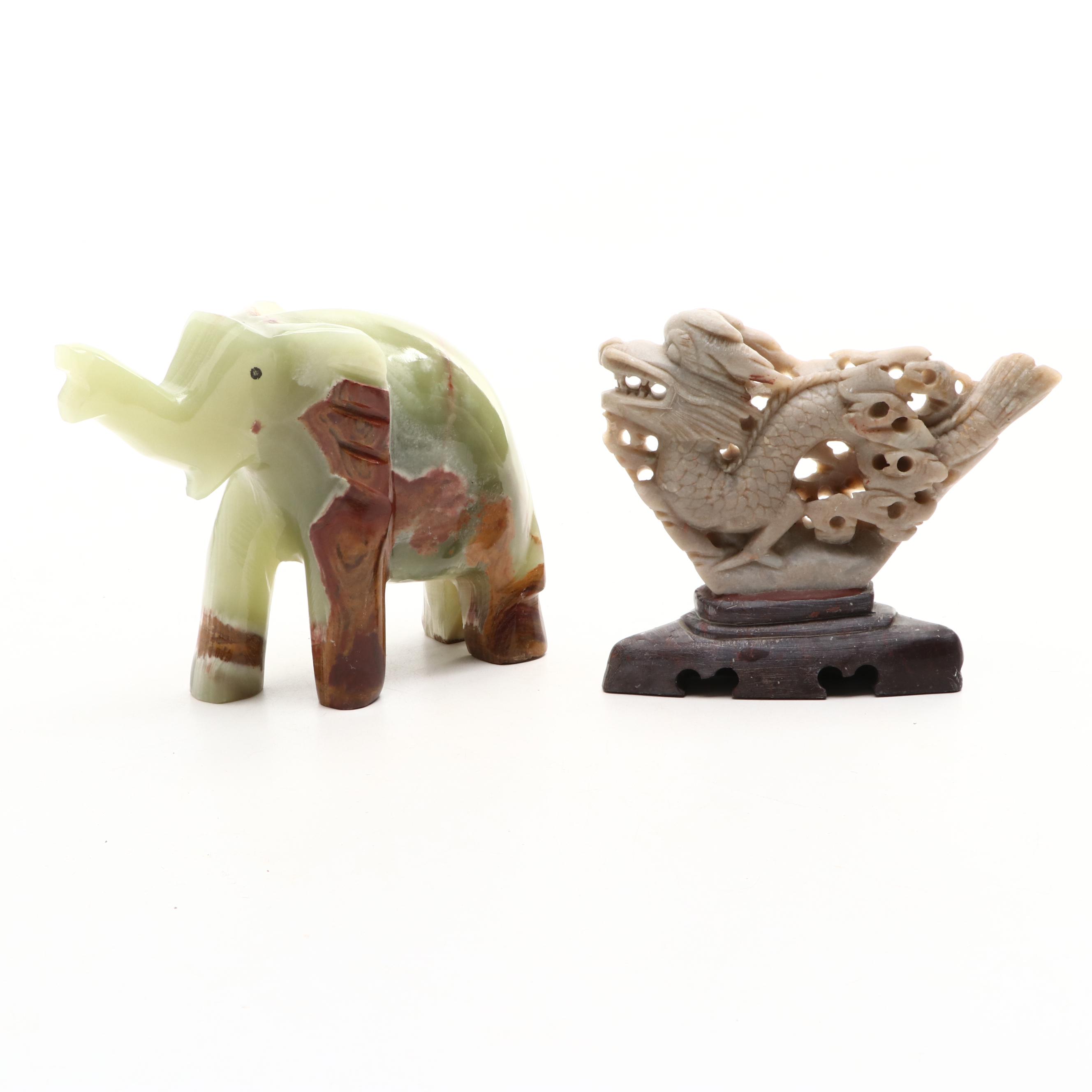 Banded Calcite Elephant, Obsidian Water Buffalo, Chinese Soapstone Dragon, More