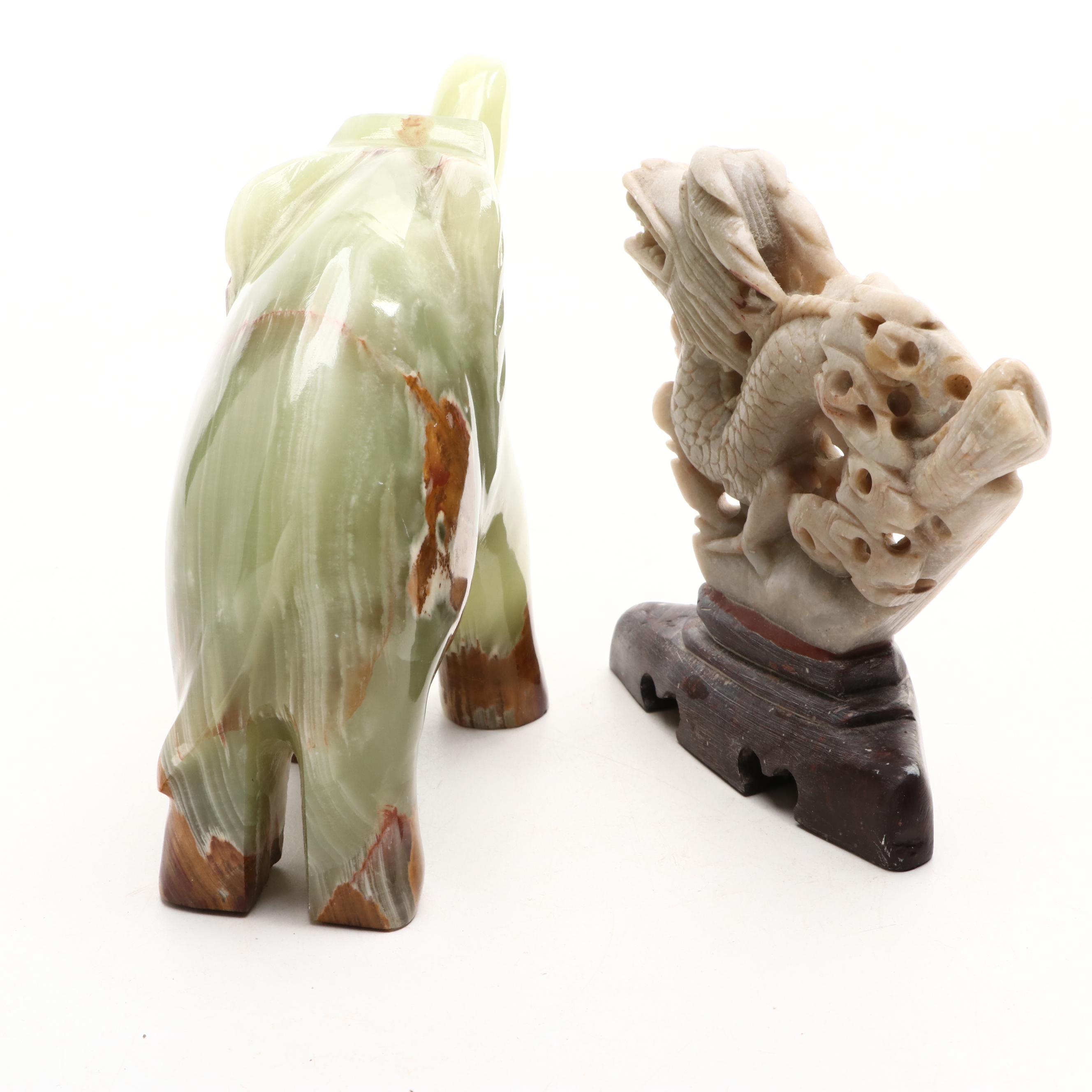 Banded Calcite Elephant, Obsidian Water Buffalo, Chinese Soapstone Dragon, More