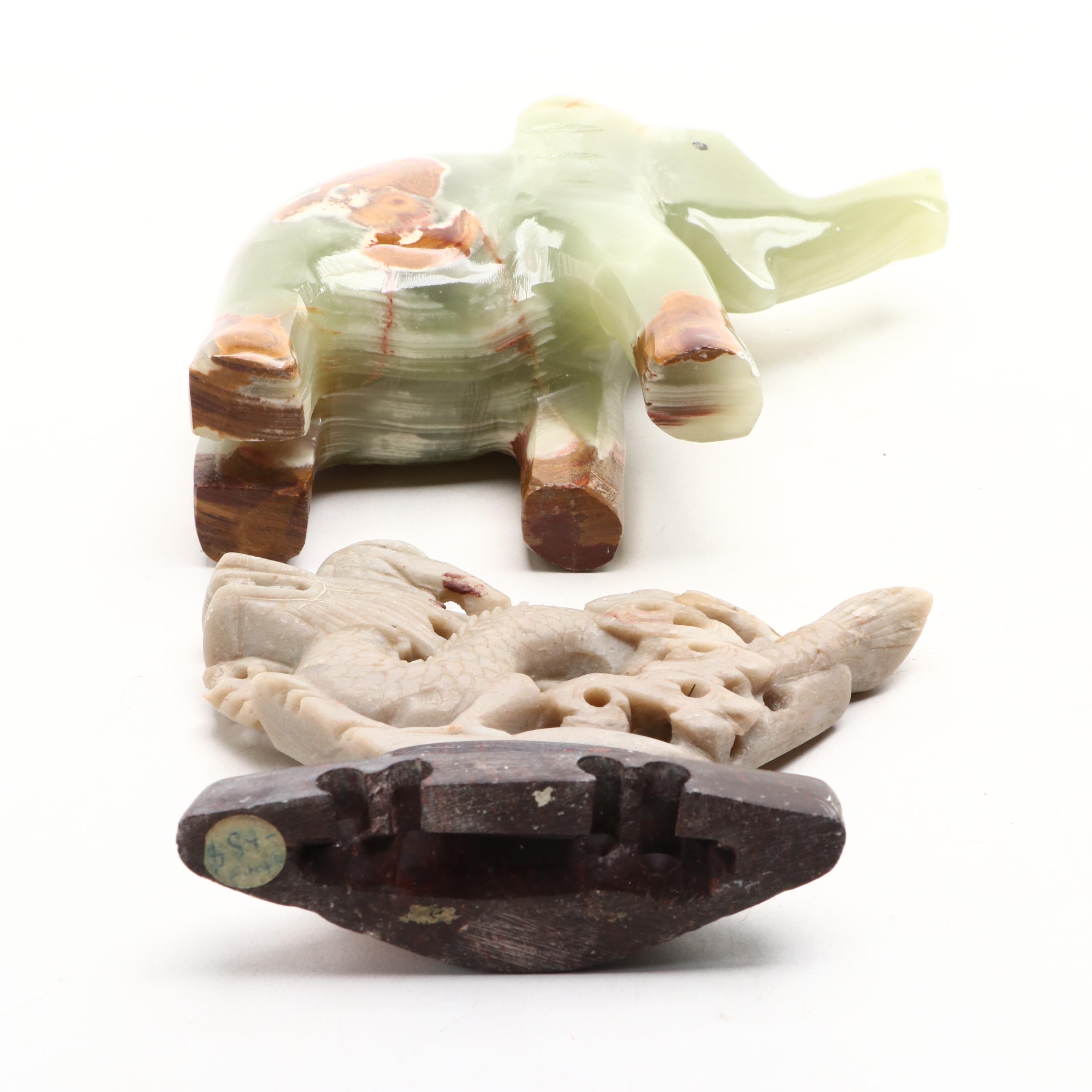 Banded Calcite Elephant, Obsidian Water Buffalo, Chinese Soapstone Dragon, More