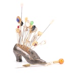 Metal Shoe Form Pincushion with Vintage Hat and Stick Pins, 20th Century