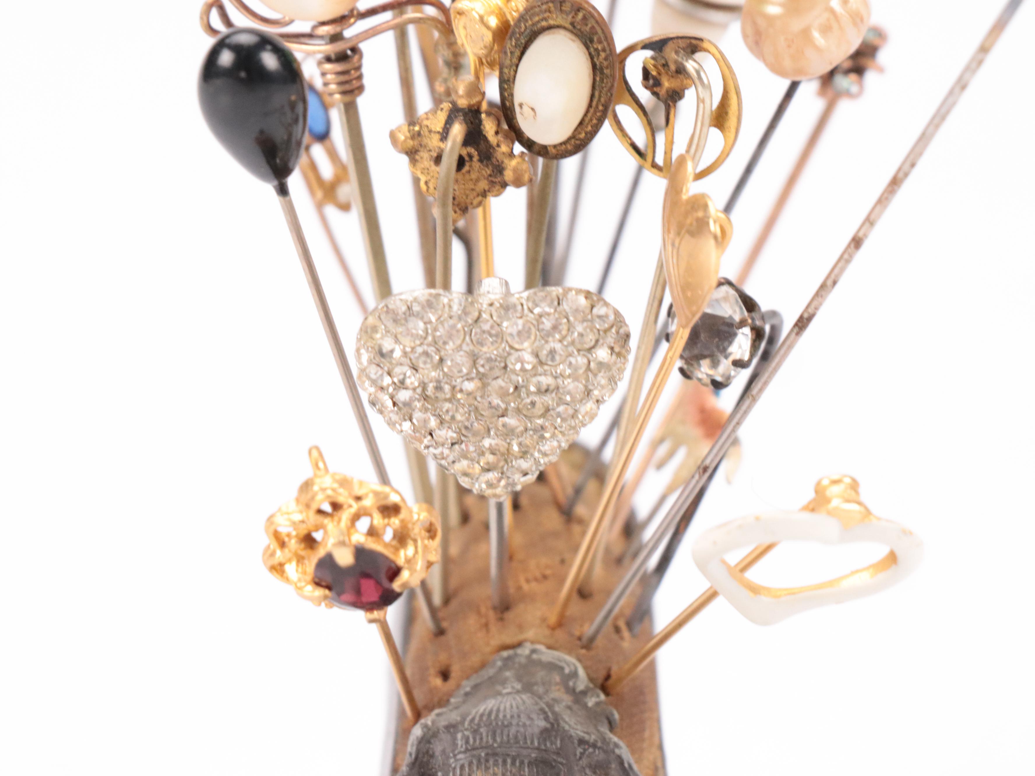 Metal Shoe Form Pincushion with Vintage Hat and Stick Pins, 20th Century