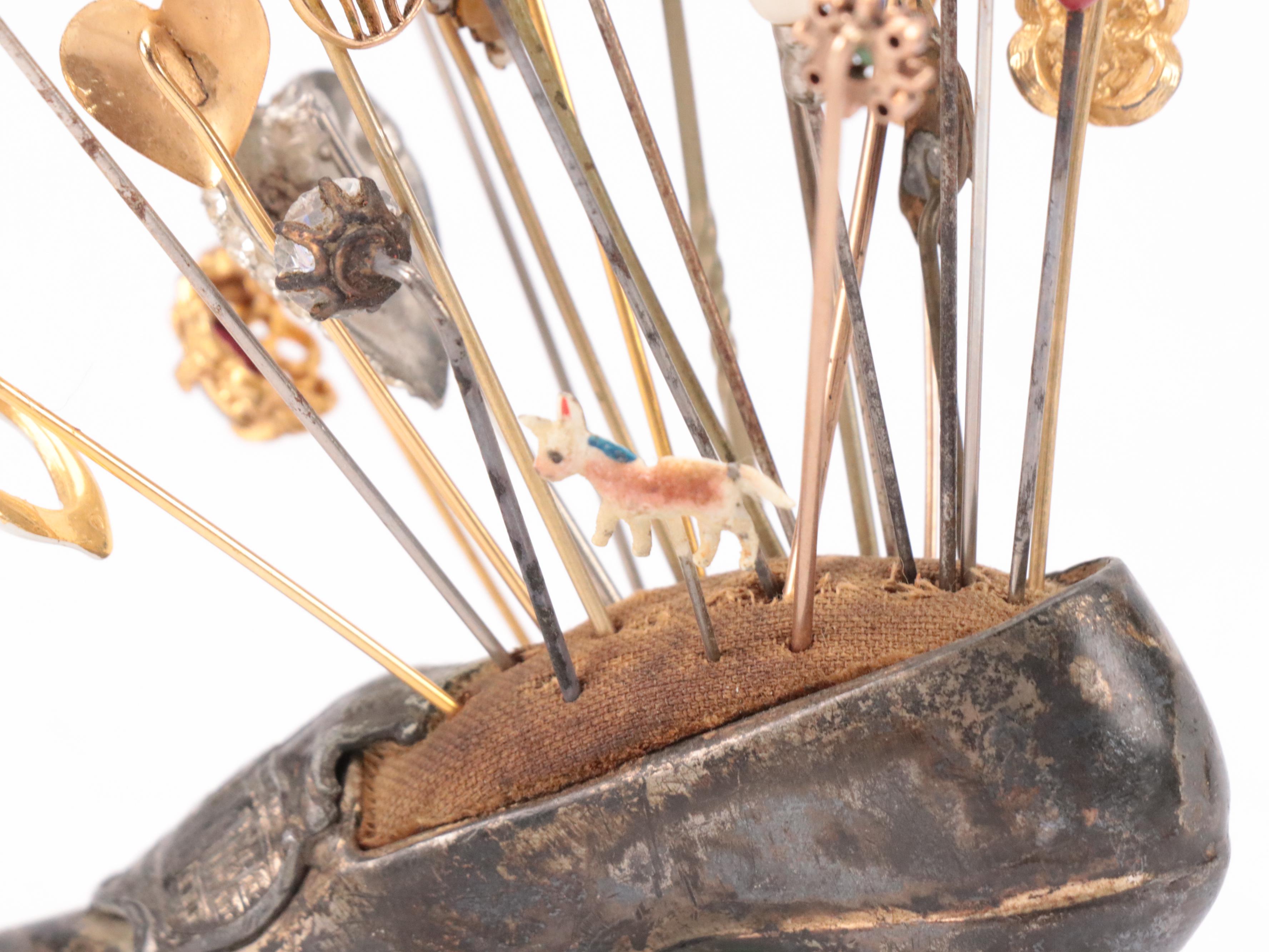 Metal Shoe Form Pincushion with Vintage Hat and Stick Pins, 20th Century