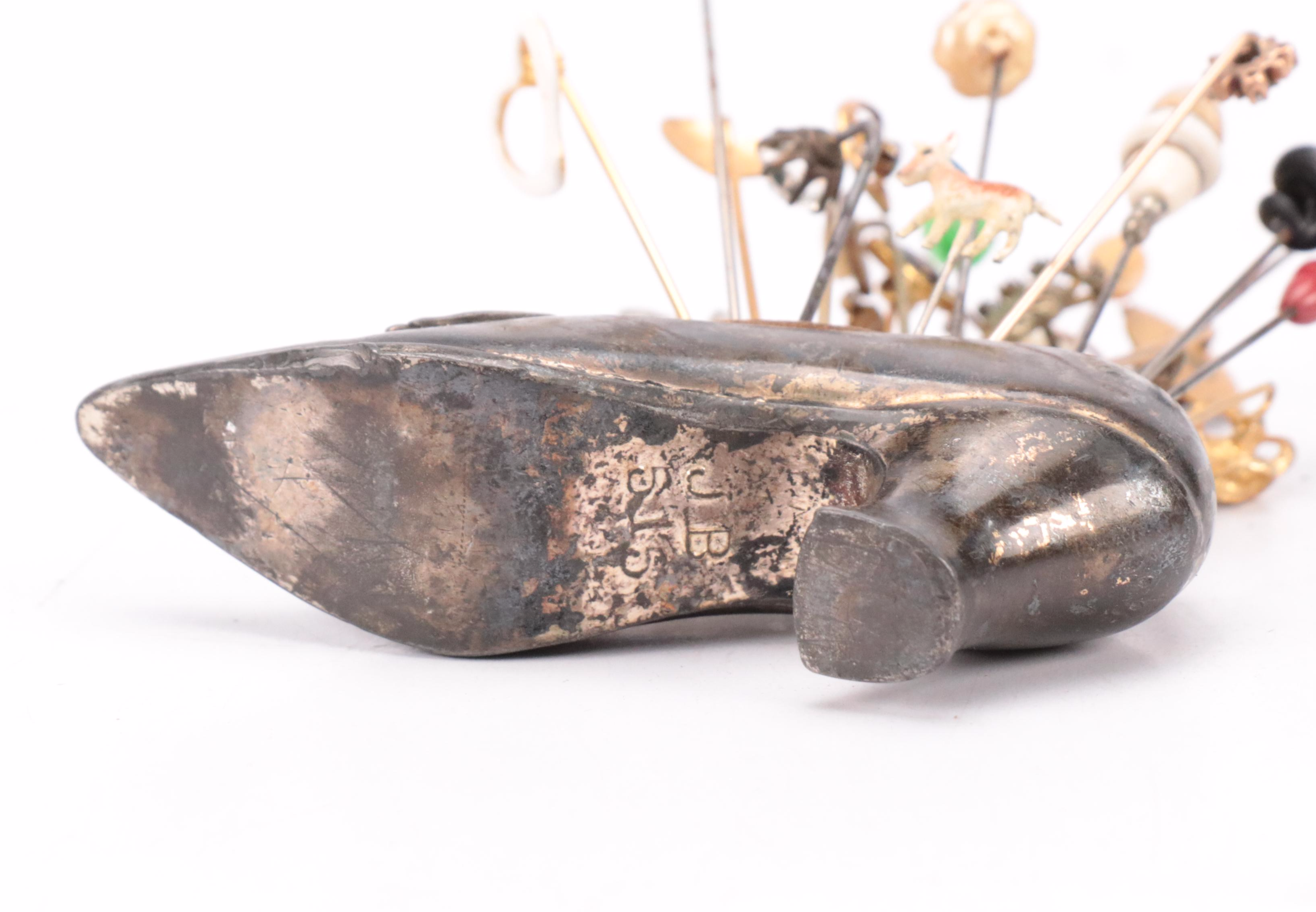 Metal Shoe Form Pincushion with Vintage Hat and Stick Pins, 20th Century