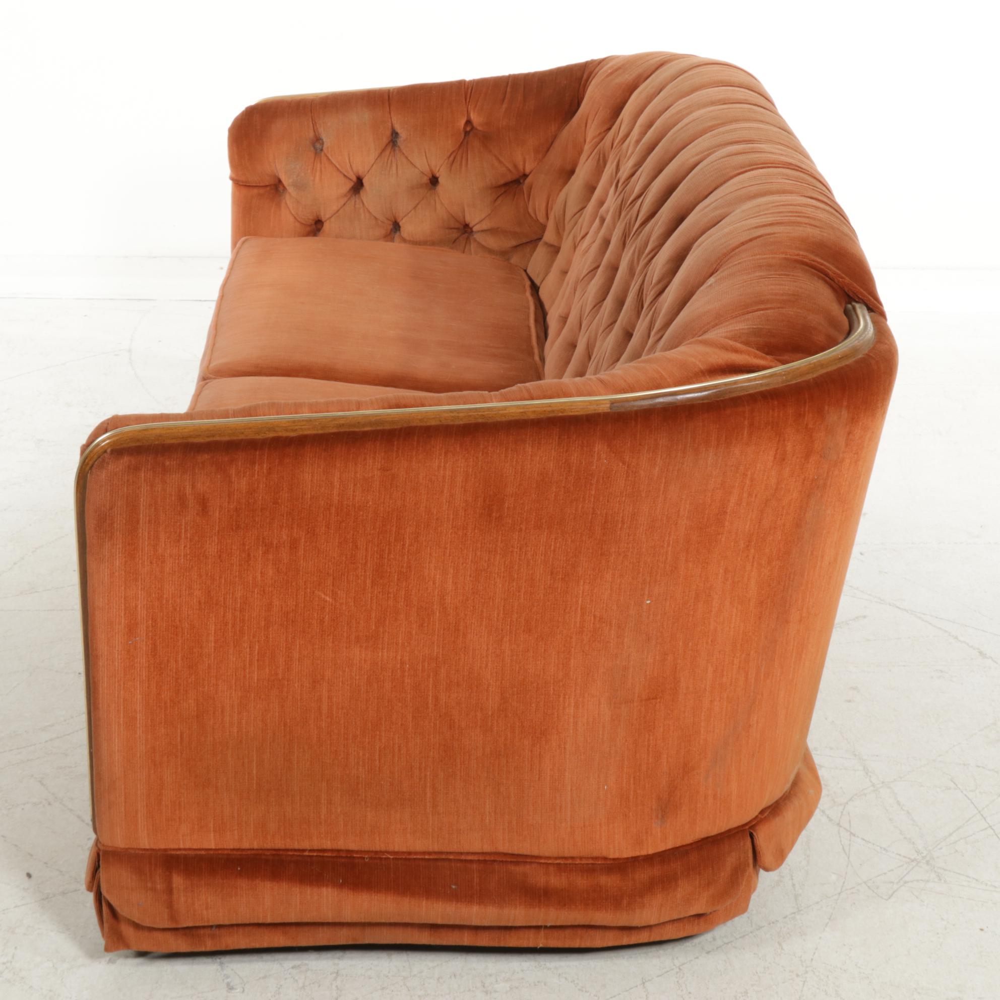 The Stratford Company Wood and Brassed-Trim Button-Tufted Sofa, 1980s