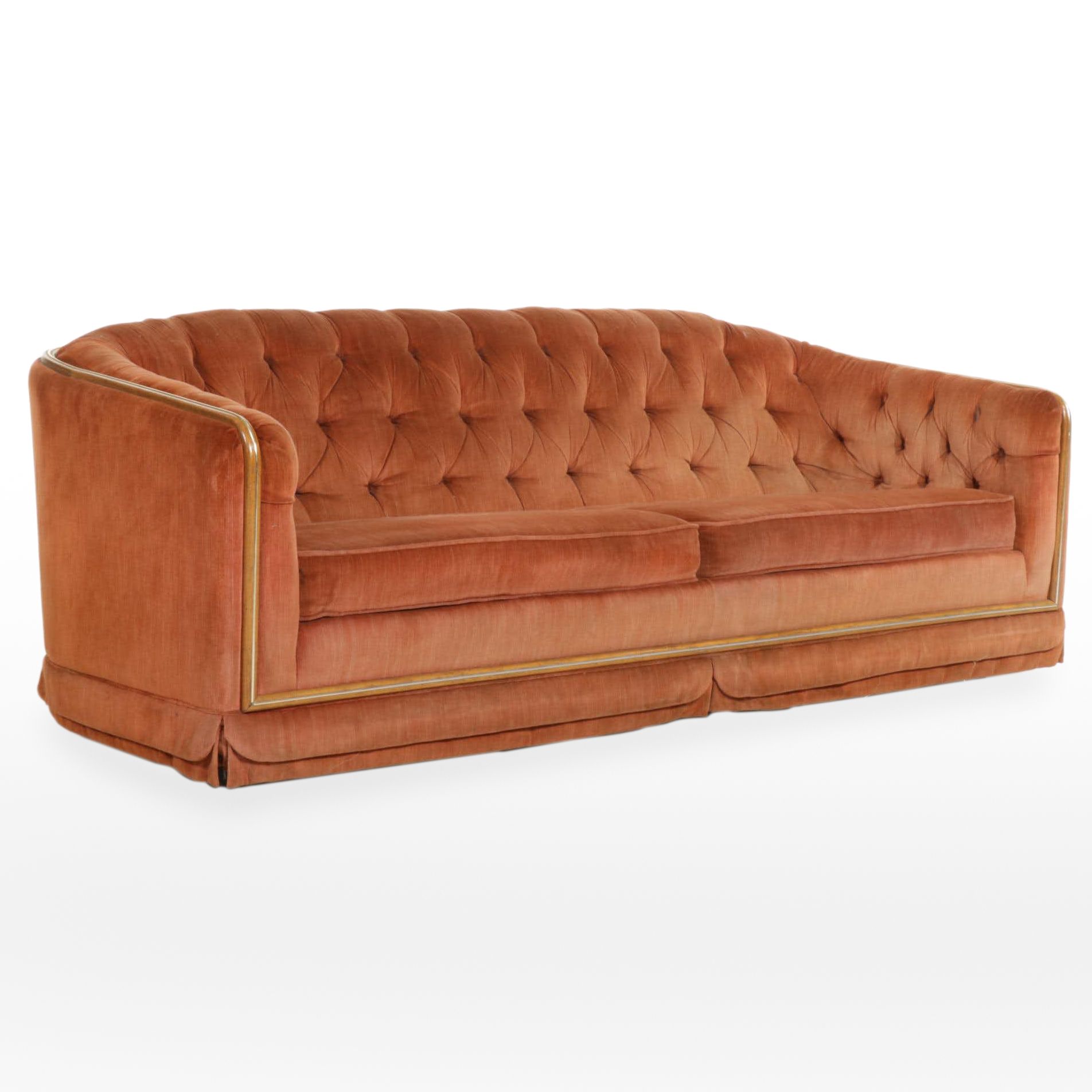 The Stratford Company Wood and Brassed-Trim Button-Tufted Sofa, 1980s