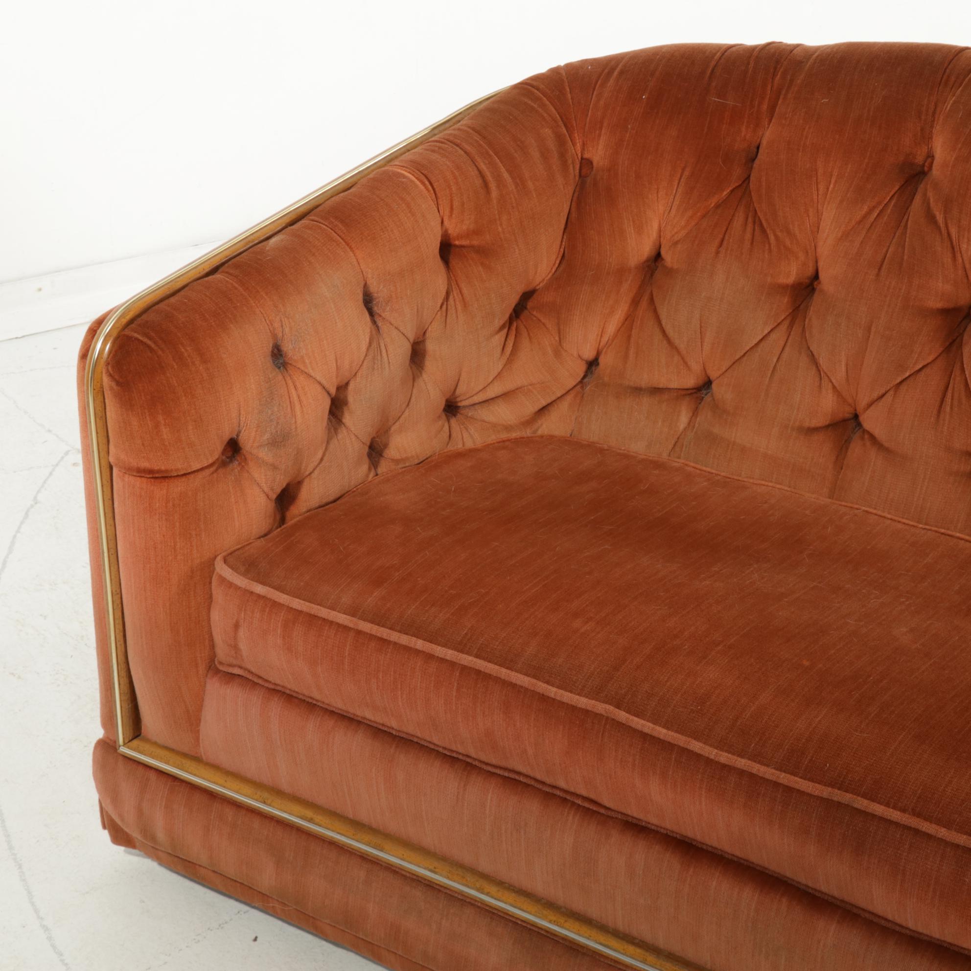 The Stratford Company Wood and Brassed-Trim Button-Tufted Sofa, 1980s