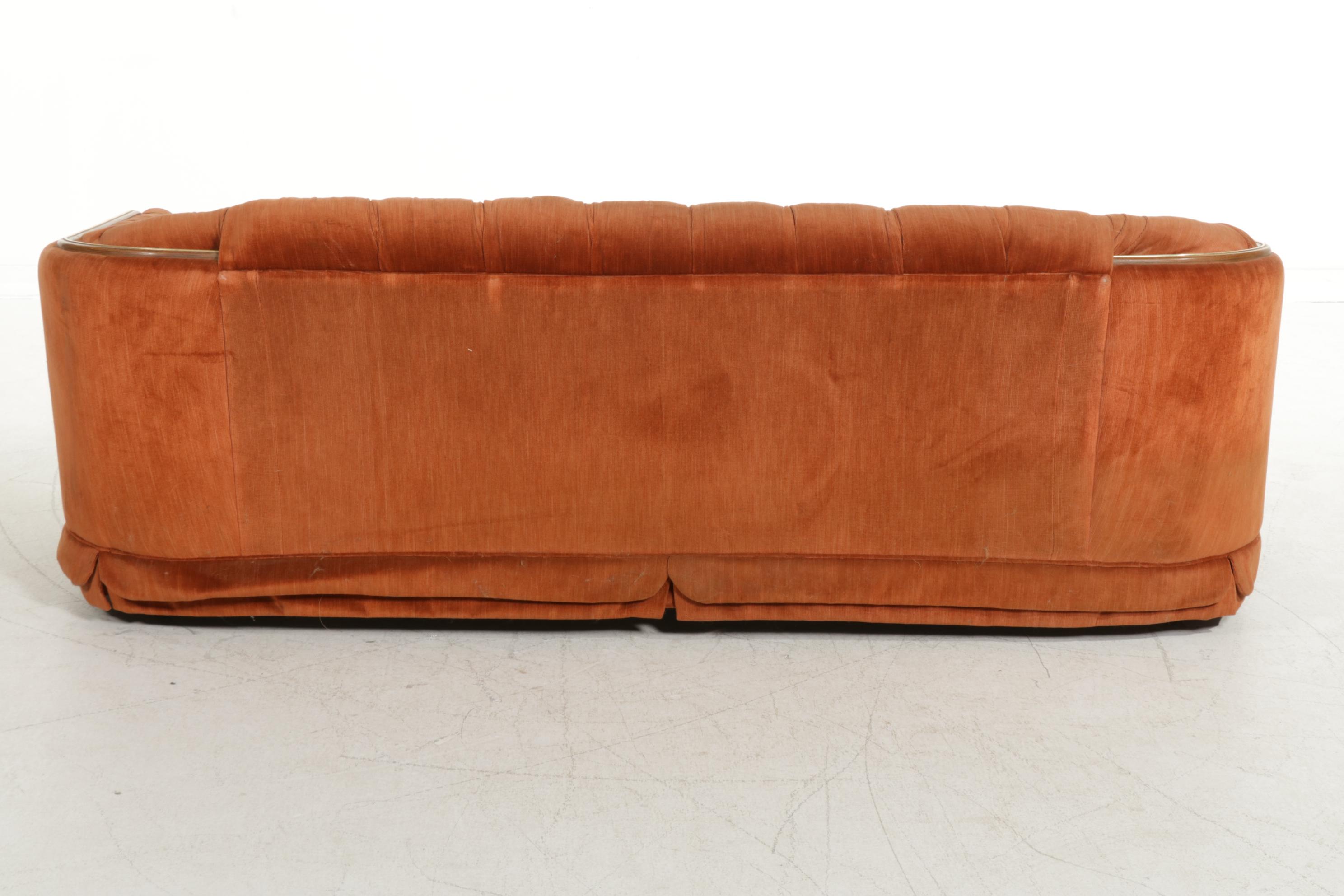 The Stratford Company Wood and Brassed-Trim Button-Tufted Sofa, 1980s
