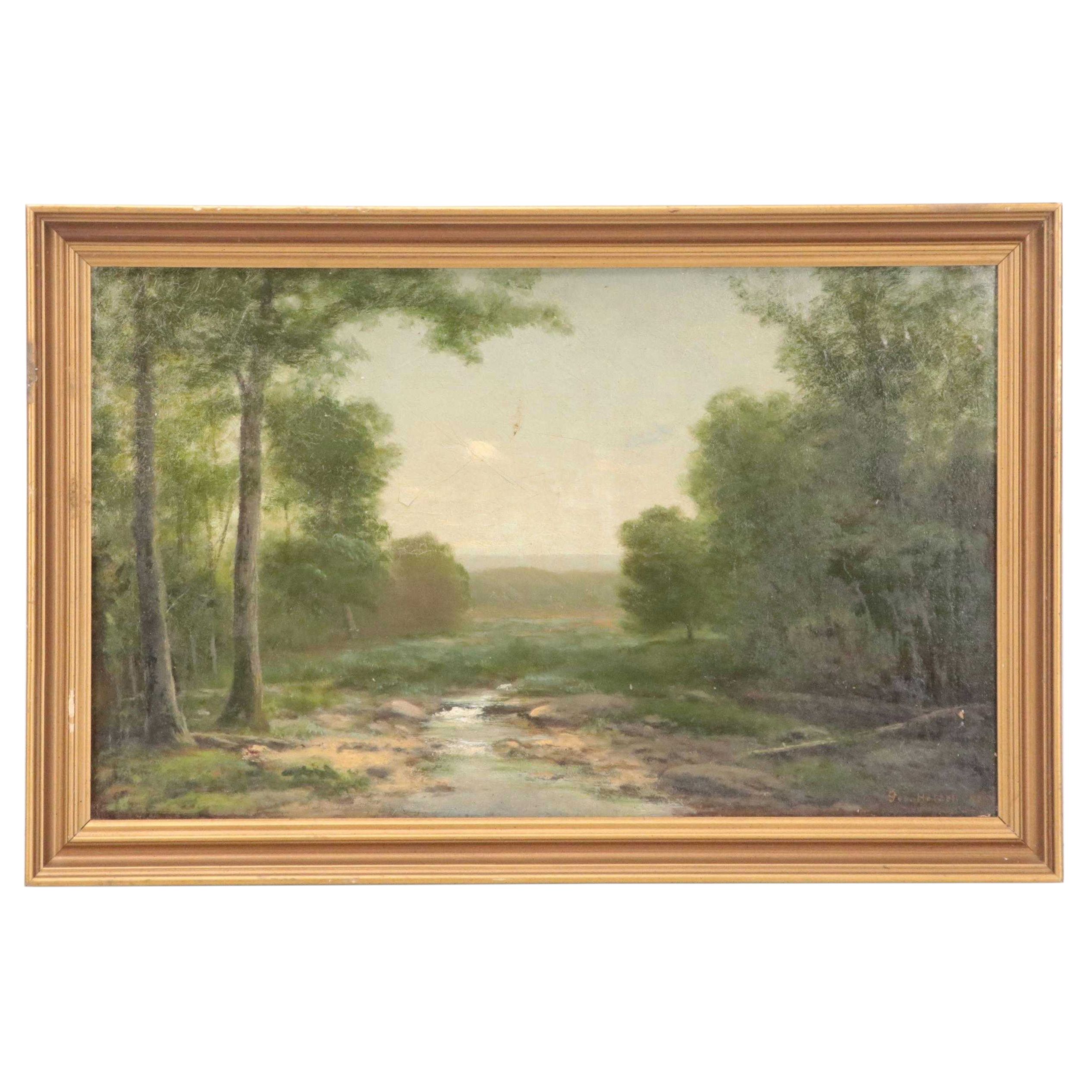 George Hetzel Wooded Landscape Oil Painting With Creek, 1890