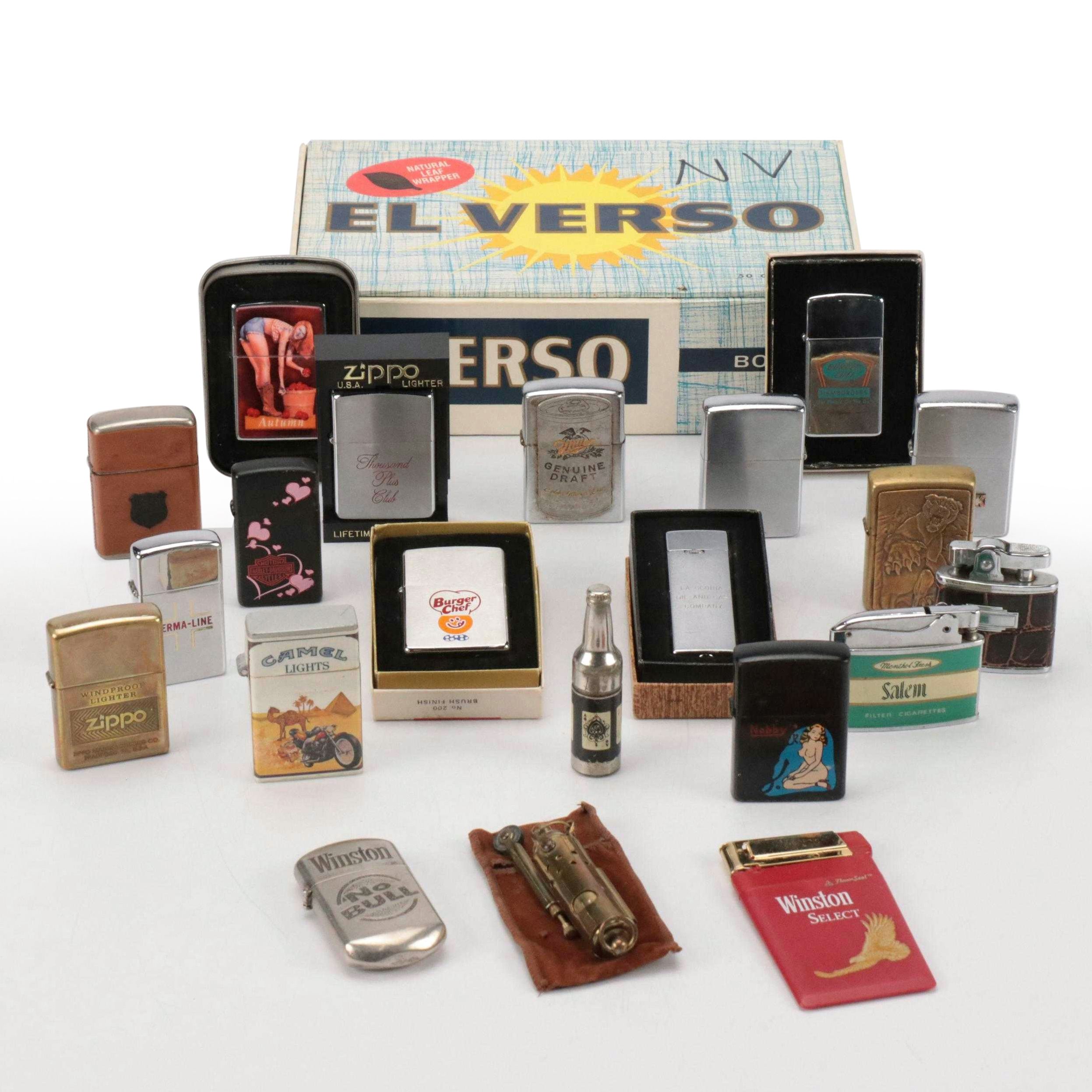 Vintage Lighter Assortment Featuring Windproof, Trench, and Novelty Styles