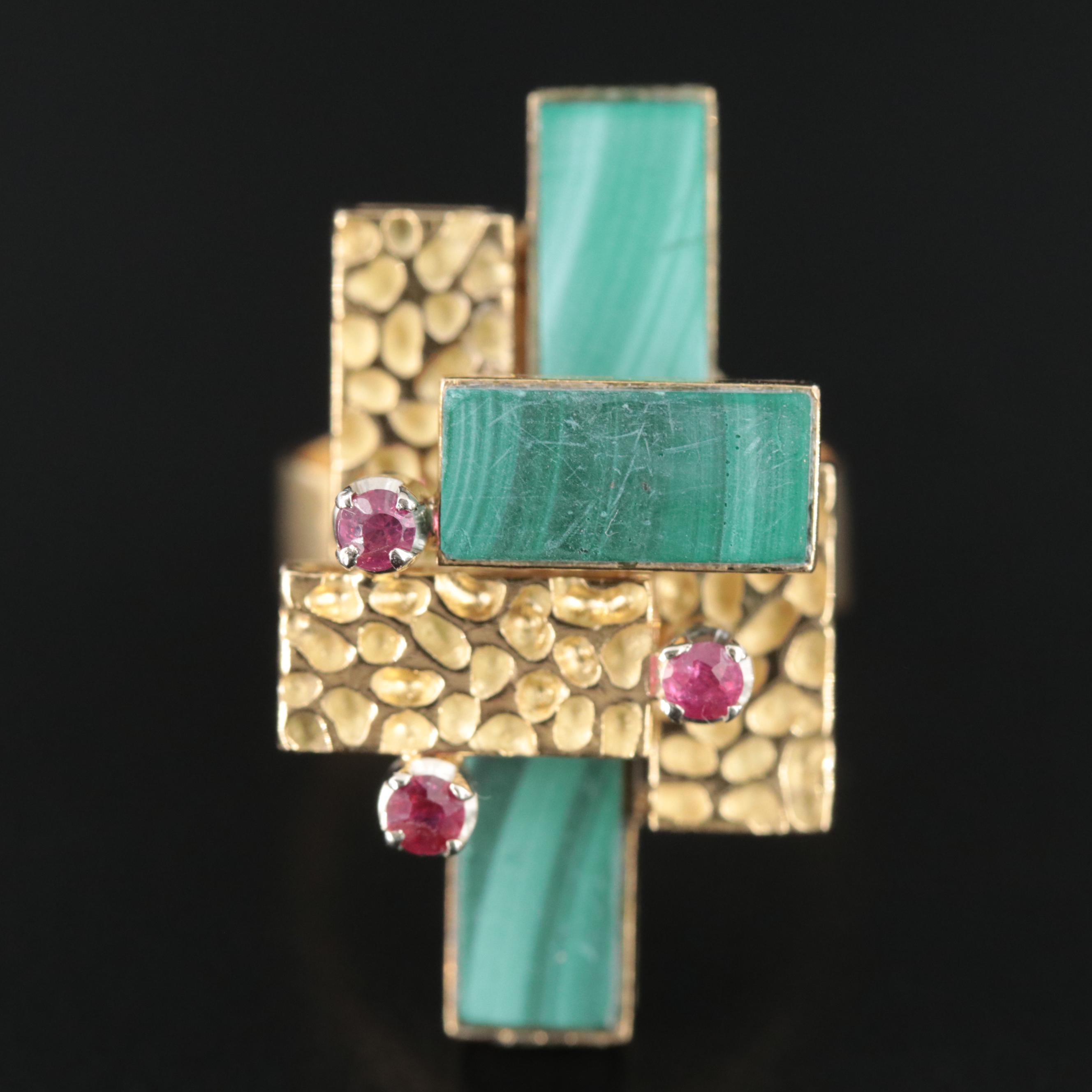 1970s 18K Stacked Panel Ring with Malachite and Rubies