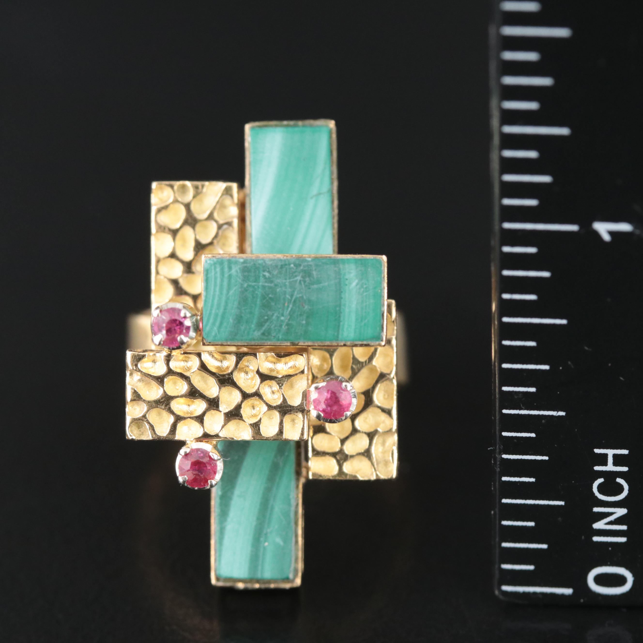 1970s 18K Stacked Panel Ring with Malachite and Rubies
