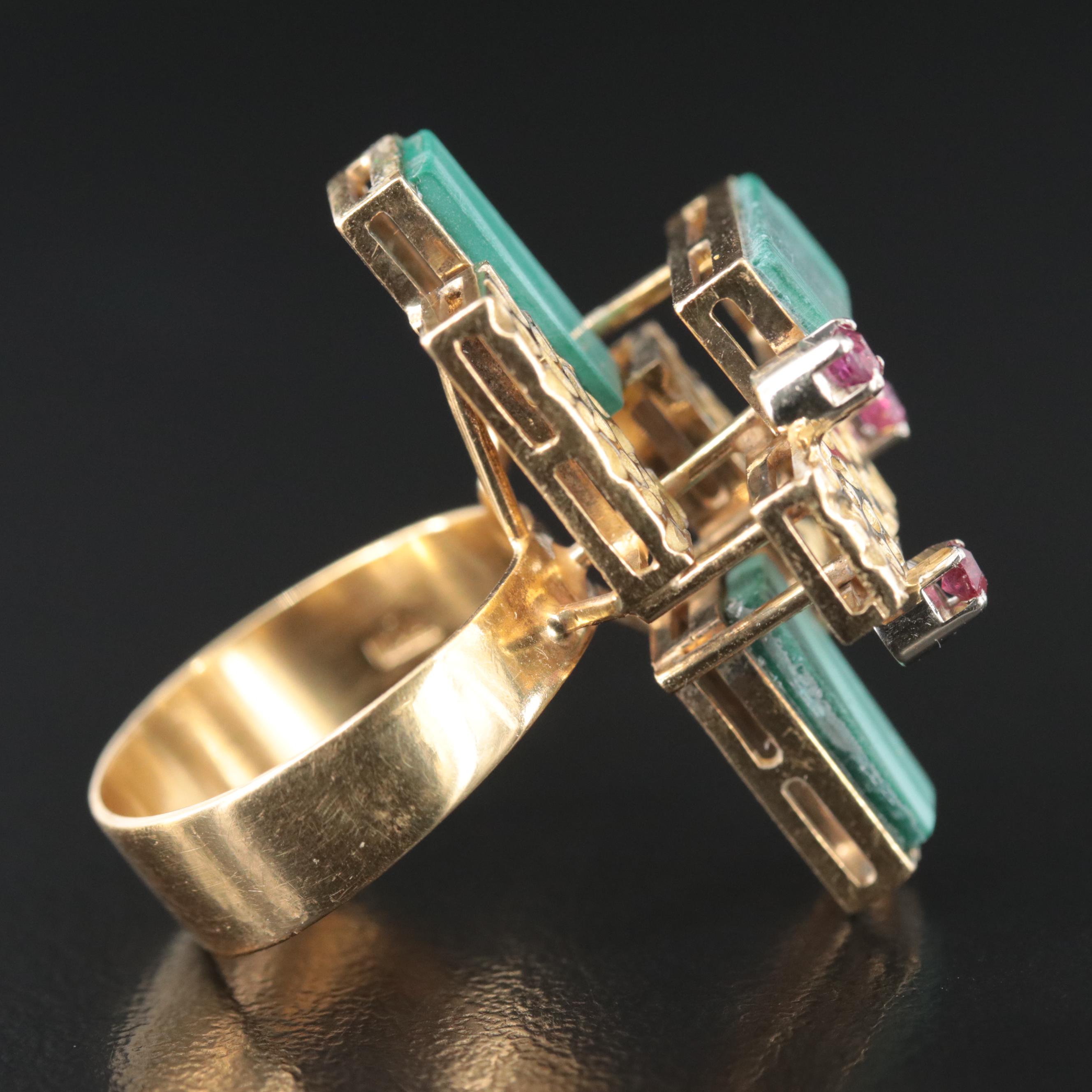 1970s 18K Stacked Panel Ring with Malachite and Rubies