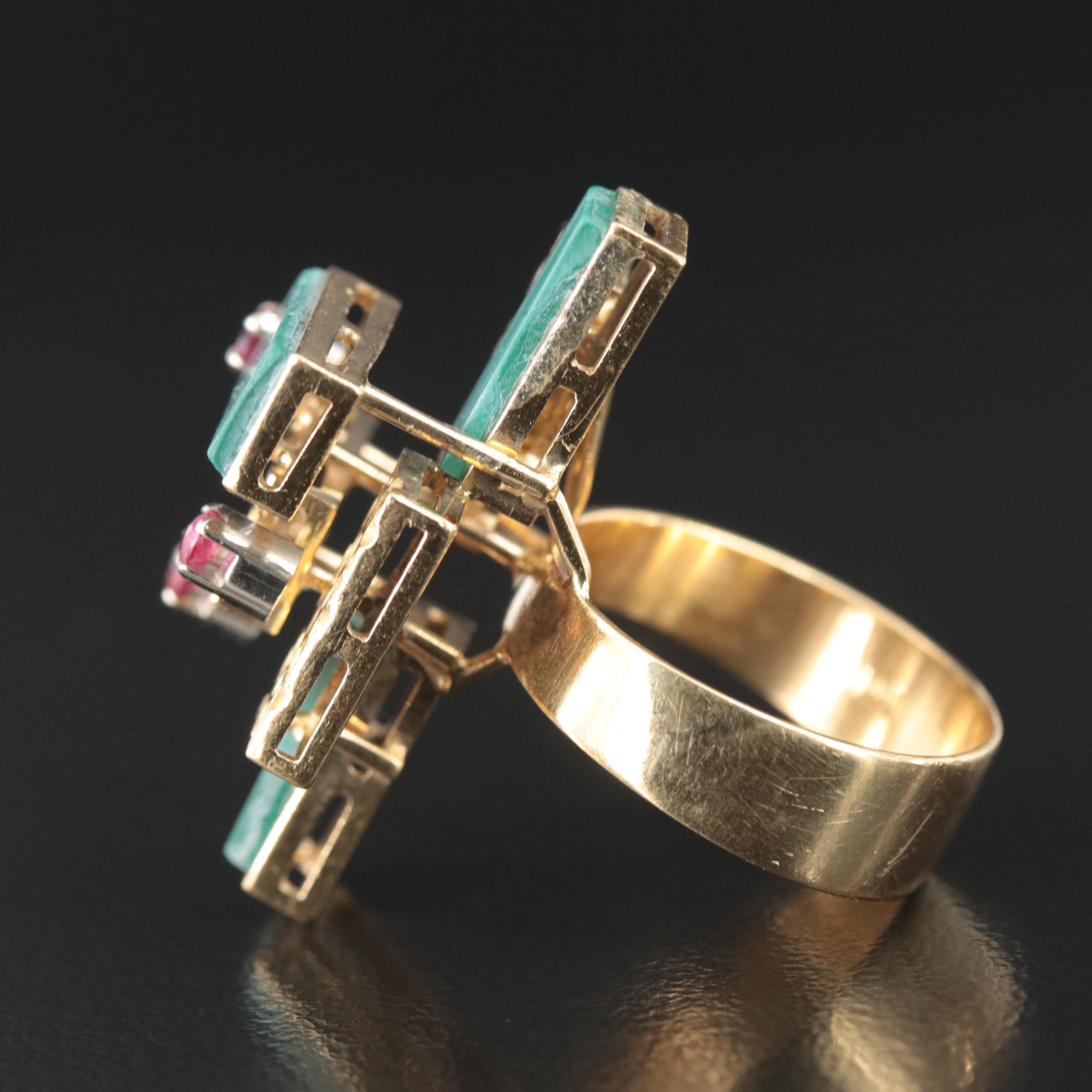 1970s 18K Stacked Panel Ring with Malachite and Rubies