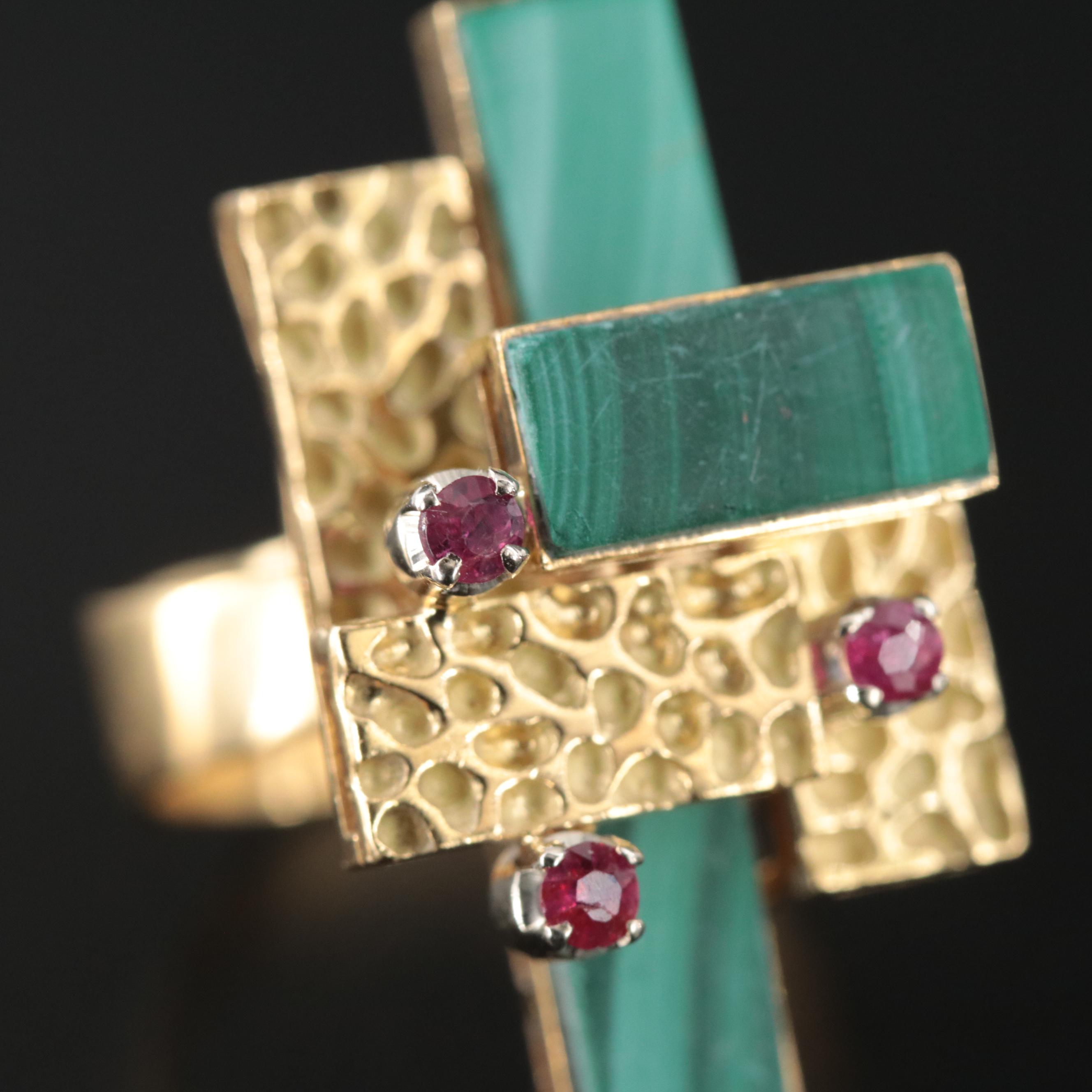 1970s 18K Stacked Panel Ring with Malachite and Rubies