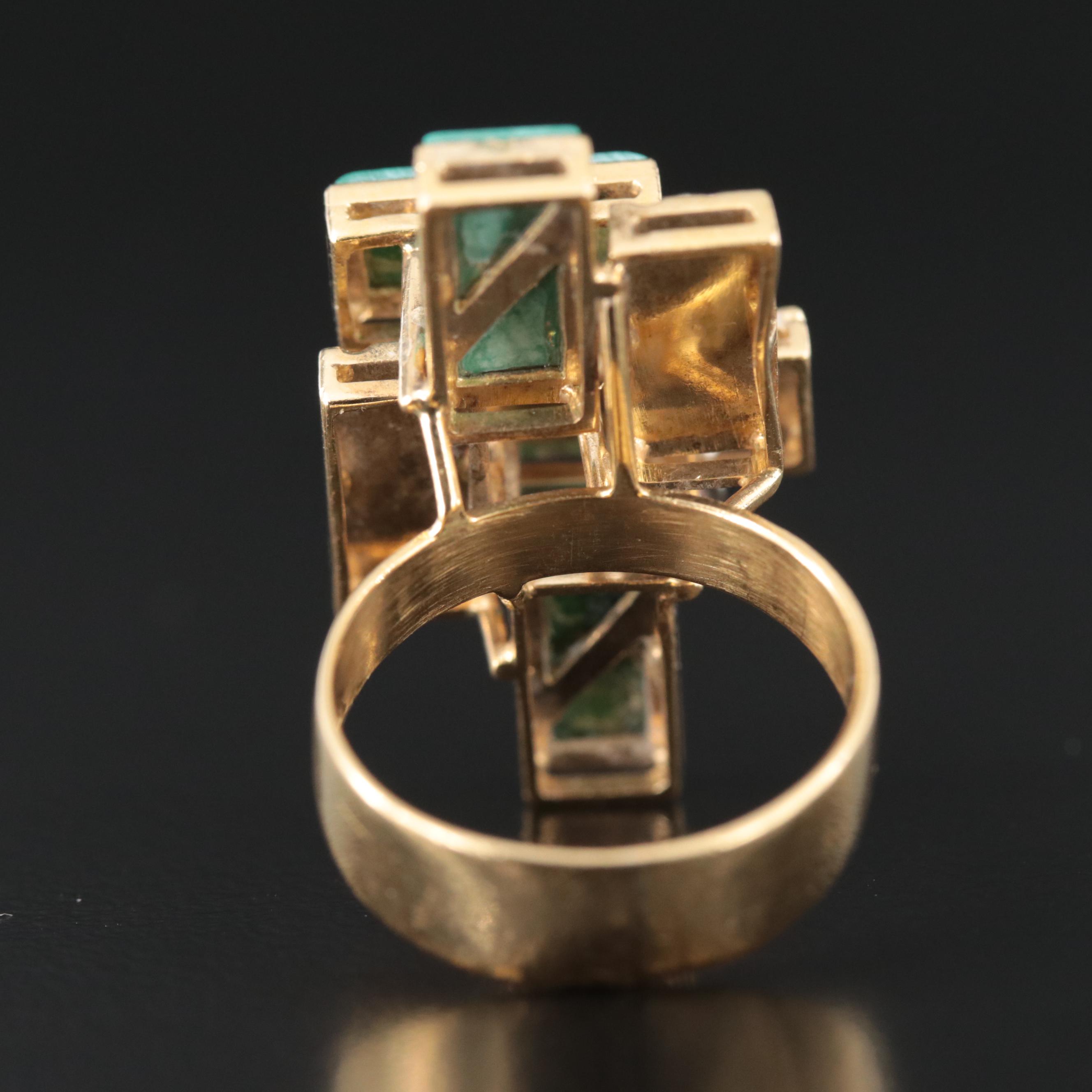 1970s 18K Stacked Panel Ring with Malachite and Rubies