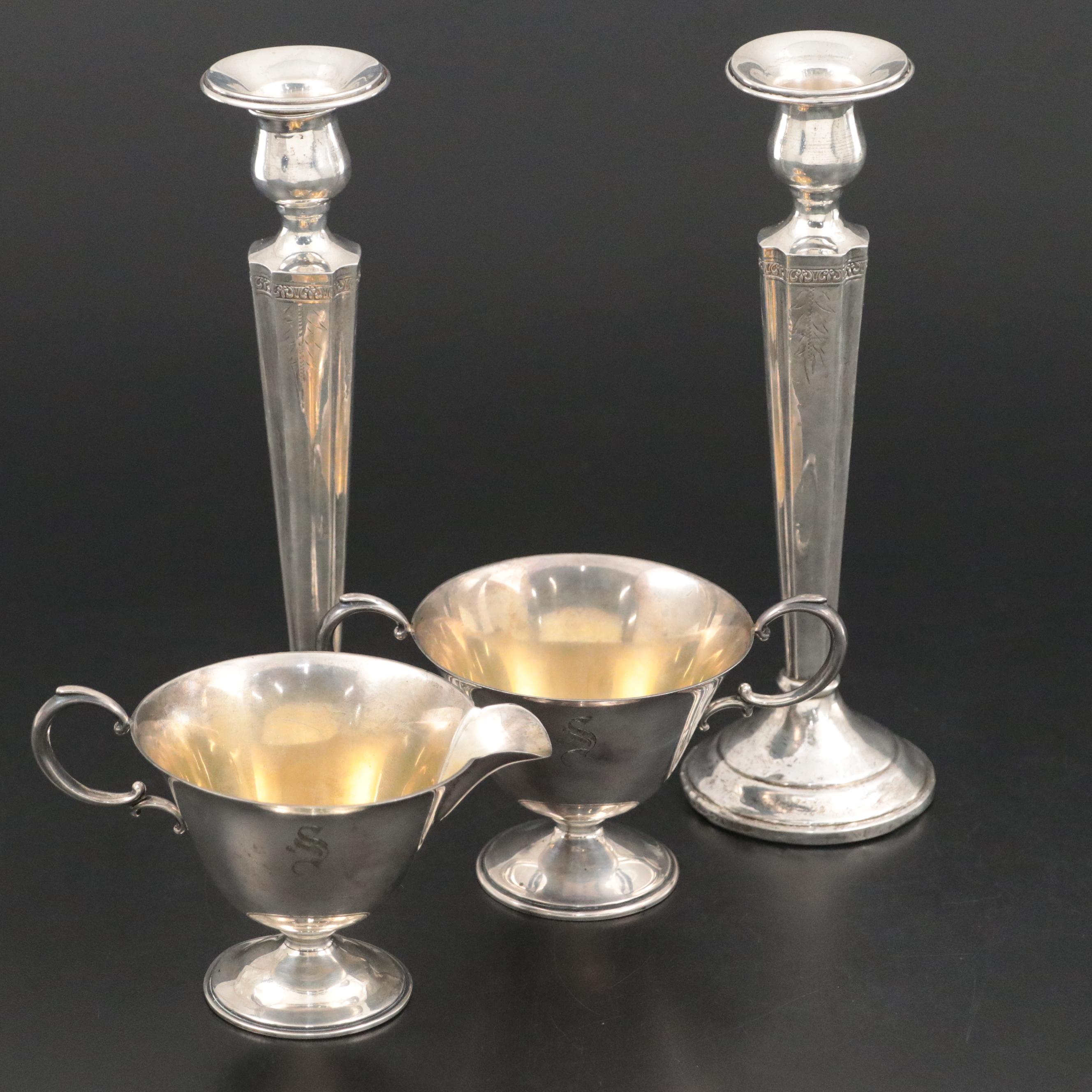 Sterling Silver Candlesticks with Sterling Silver Creamer and Open Sugar Bowl