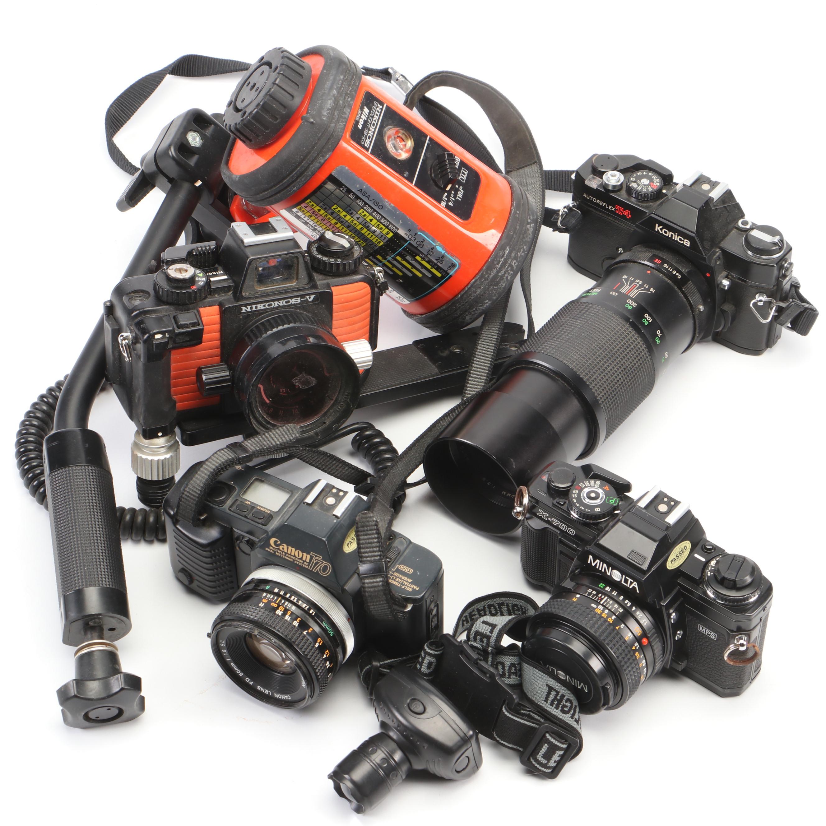 Canon, Minolta, Konica Film and Digital Cameras With Nikonos Underwater Camera