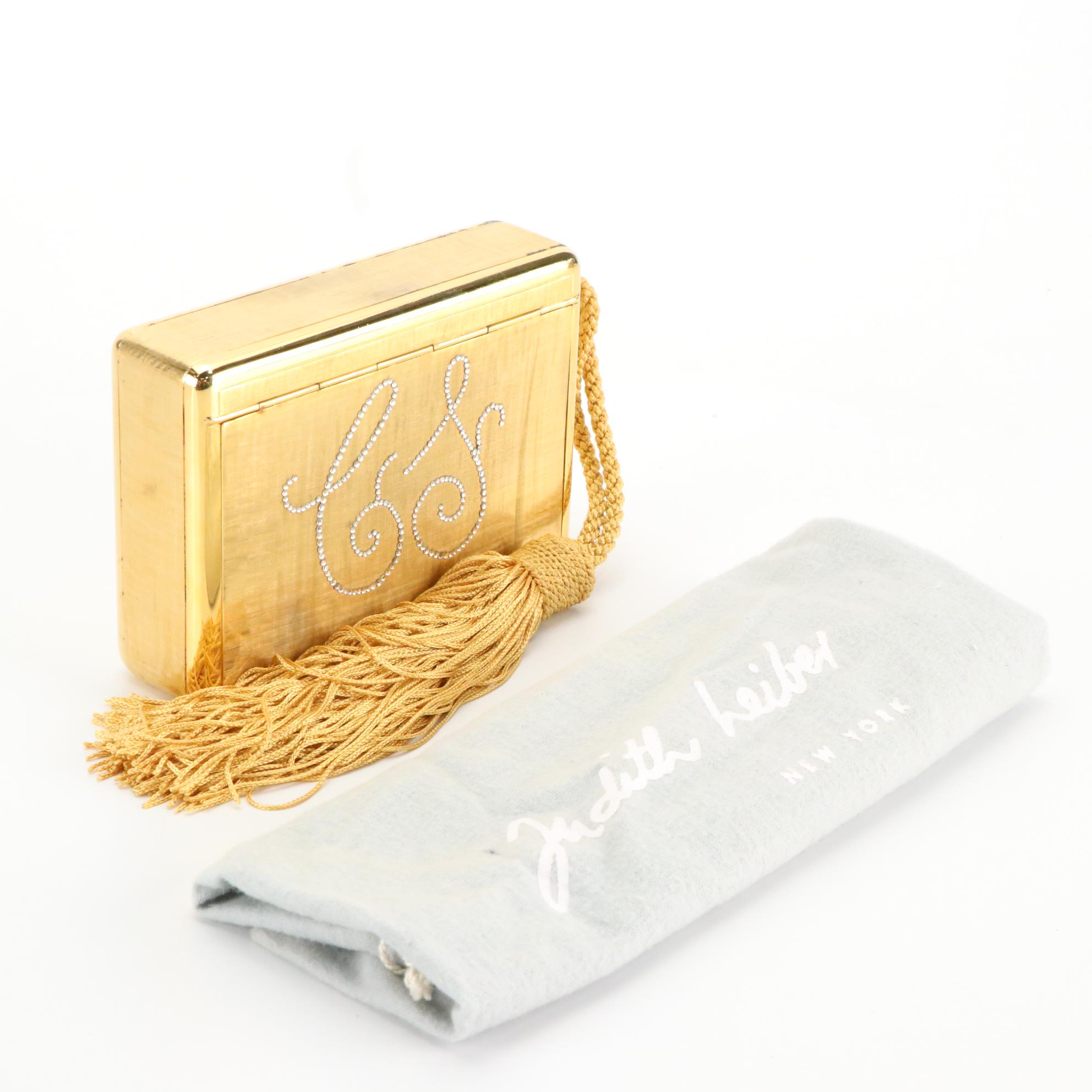Judith Leiber for Saks Fifth Avenue Brushed Gold Tone Rhinestone Minaudière, Box