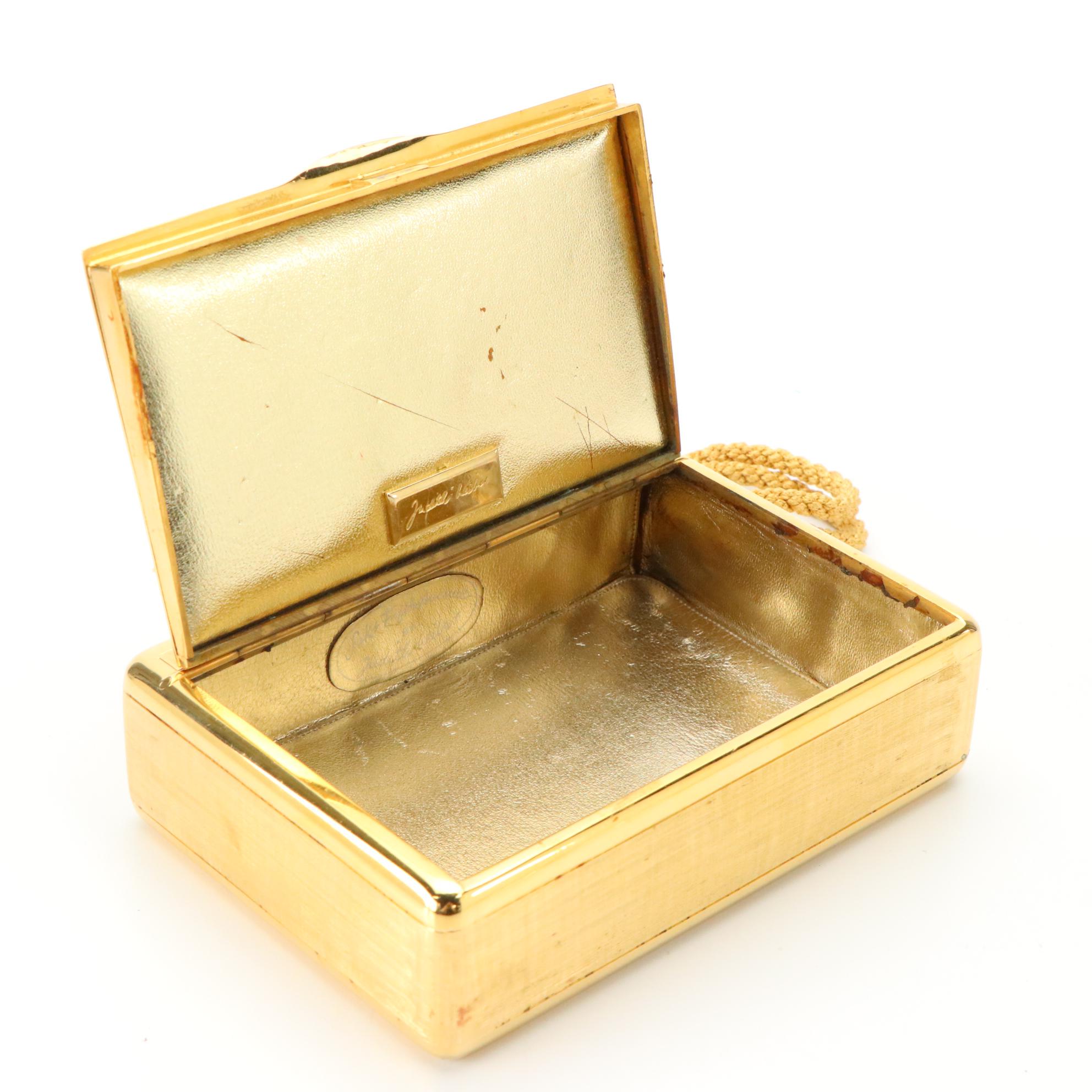 Judith Leiber for Saks Fifth Avenue Brushed Gold Tone Rhinestone Minaudière, Box