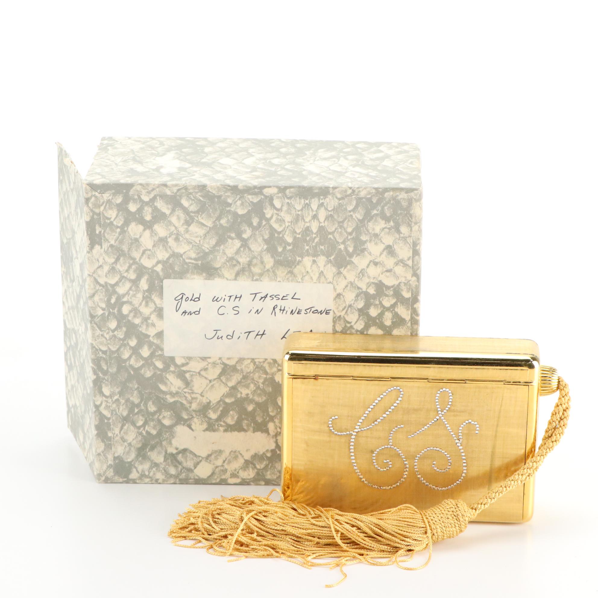 Judith Leiber for Saks Fifth Avenue Brushed Gold Tone Rhinestone Minaudière, Box