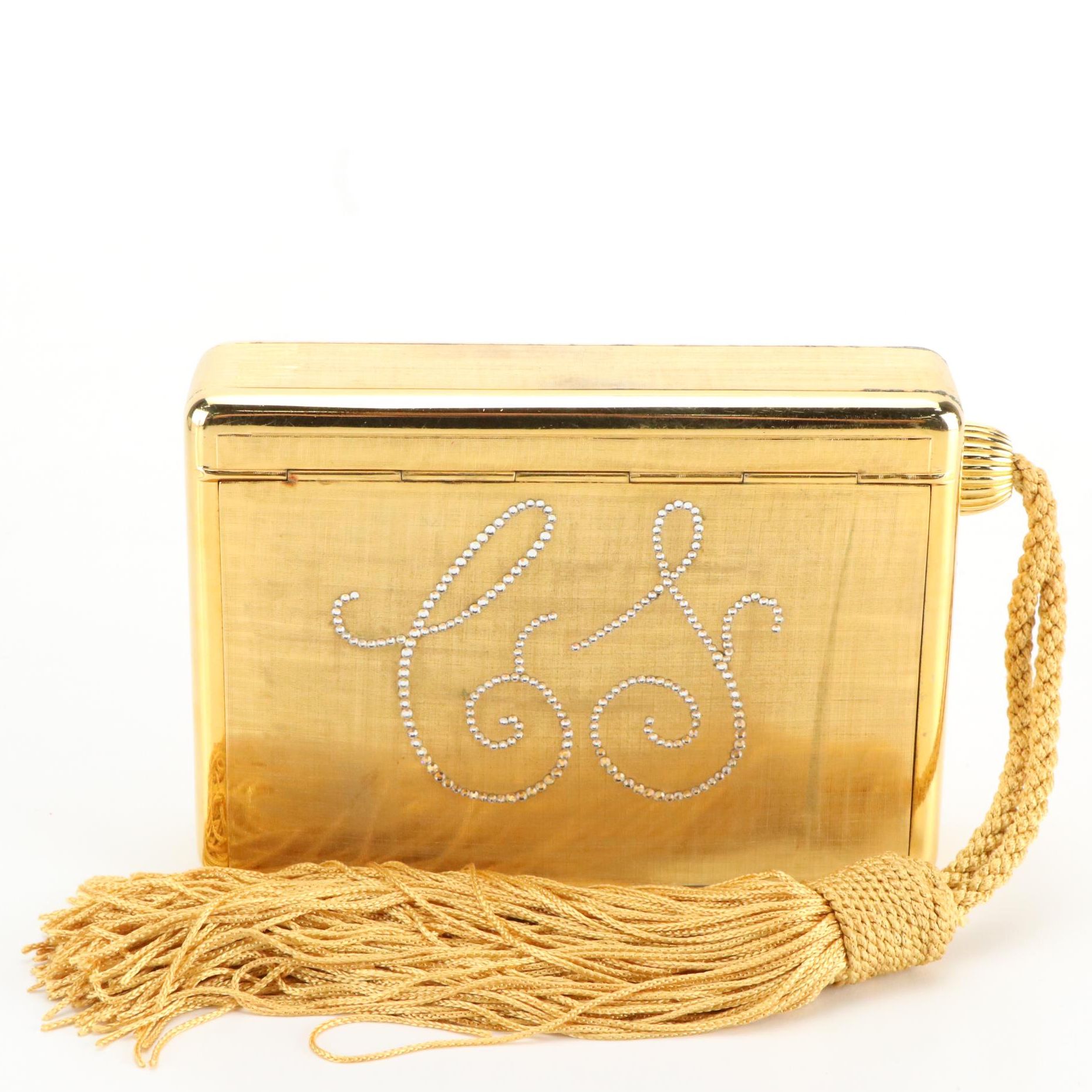 Judith Leiber for Saks Fifth Avenue Brushed Gold Tone Rhinestone Minaudière, Box