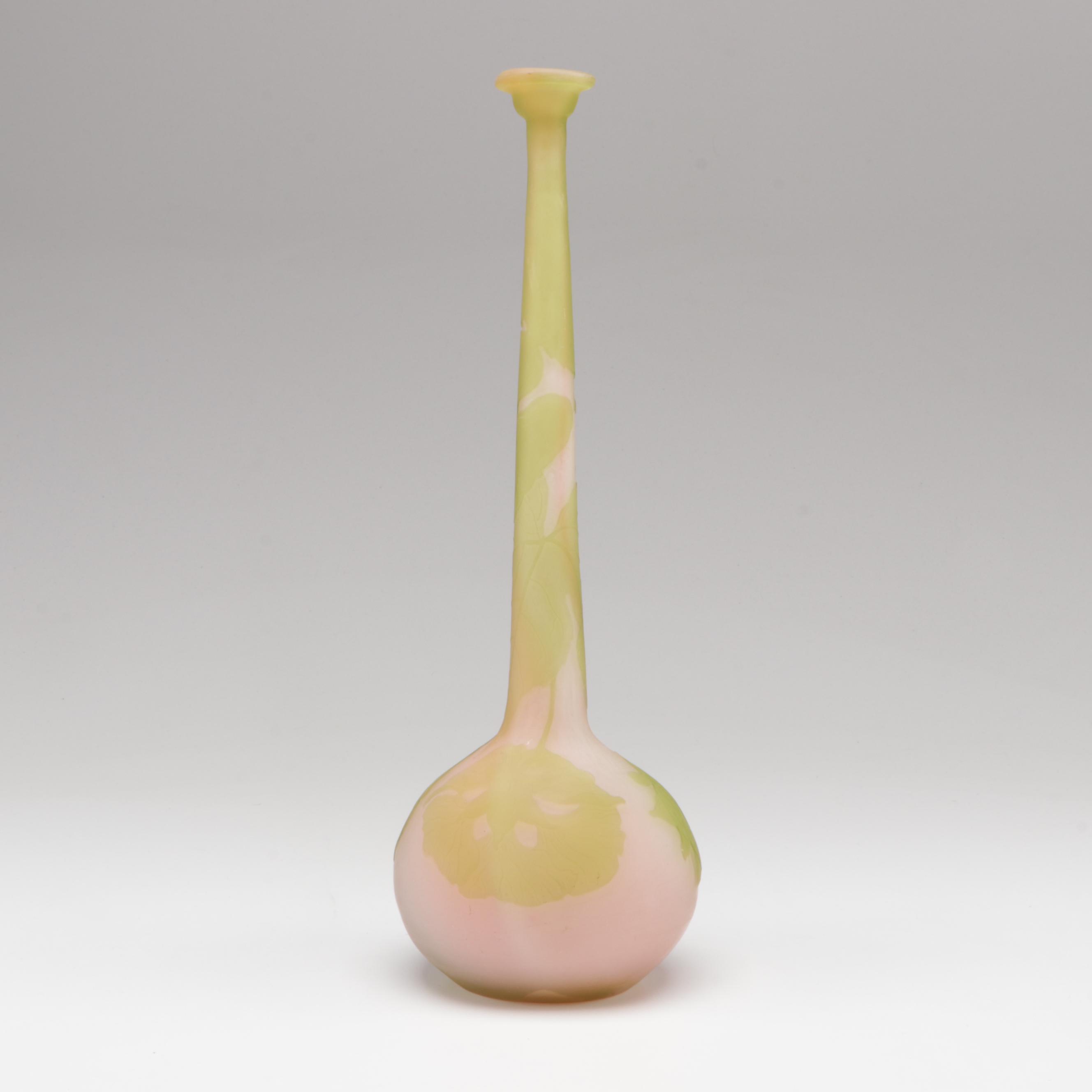 Gallé Pink and Green Cameo Glass Bottle Vase, Early 20th Century