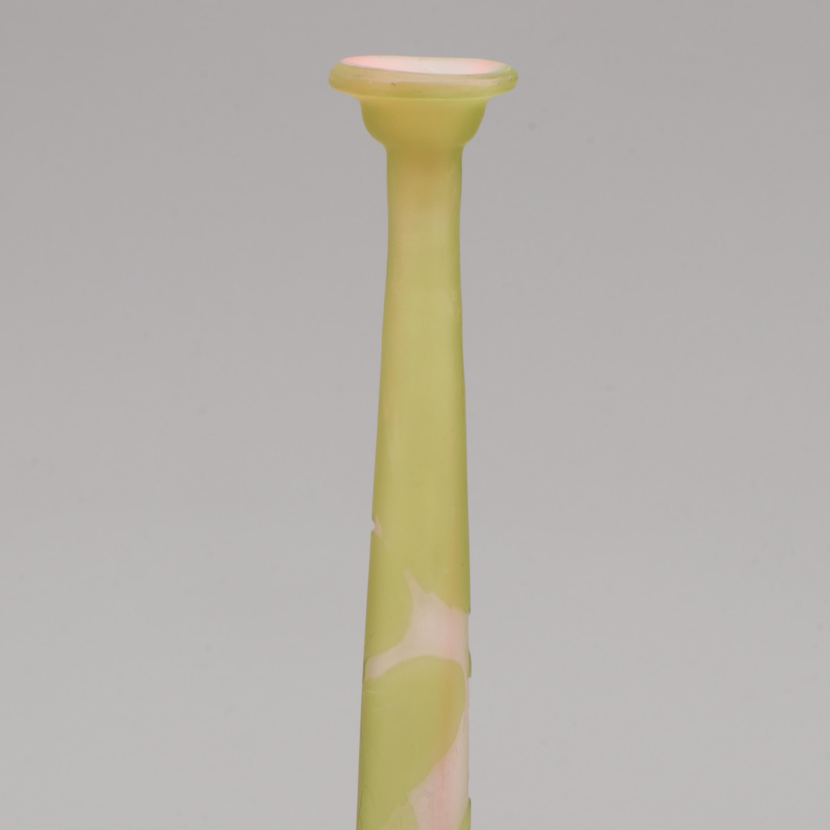 Gallé Pink and Green Cameo Glass Bottle Vase, Early 20th Century