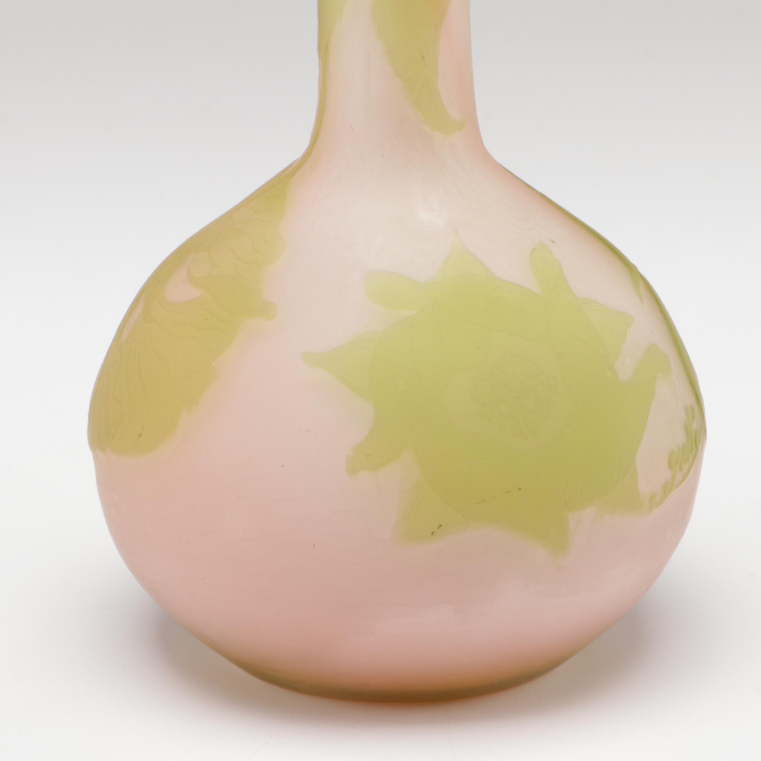 Gallé Pink and Green Cameo Glass Bottle Vase, Early 20th Century