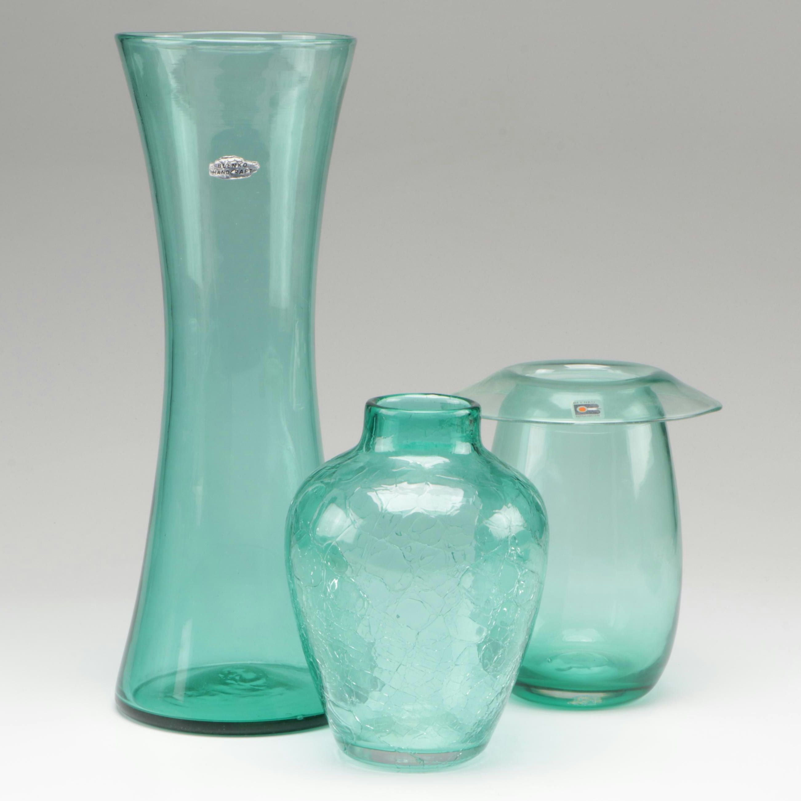 Blenko Crackle Glass and Other Art Glass Vases, Mid to Late 20th Century