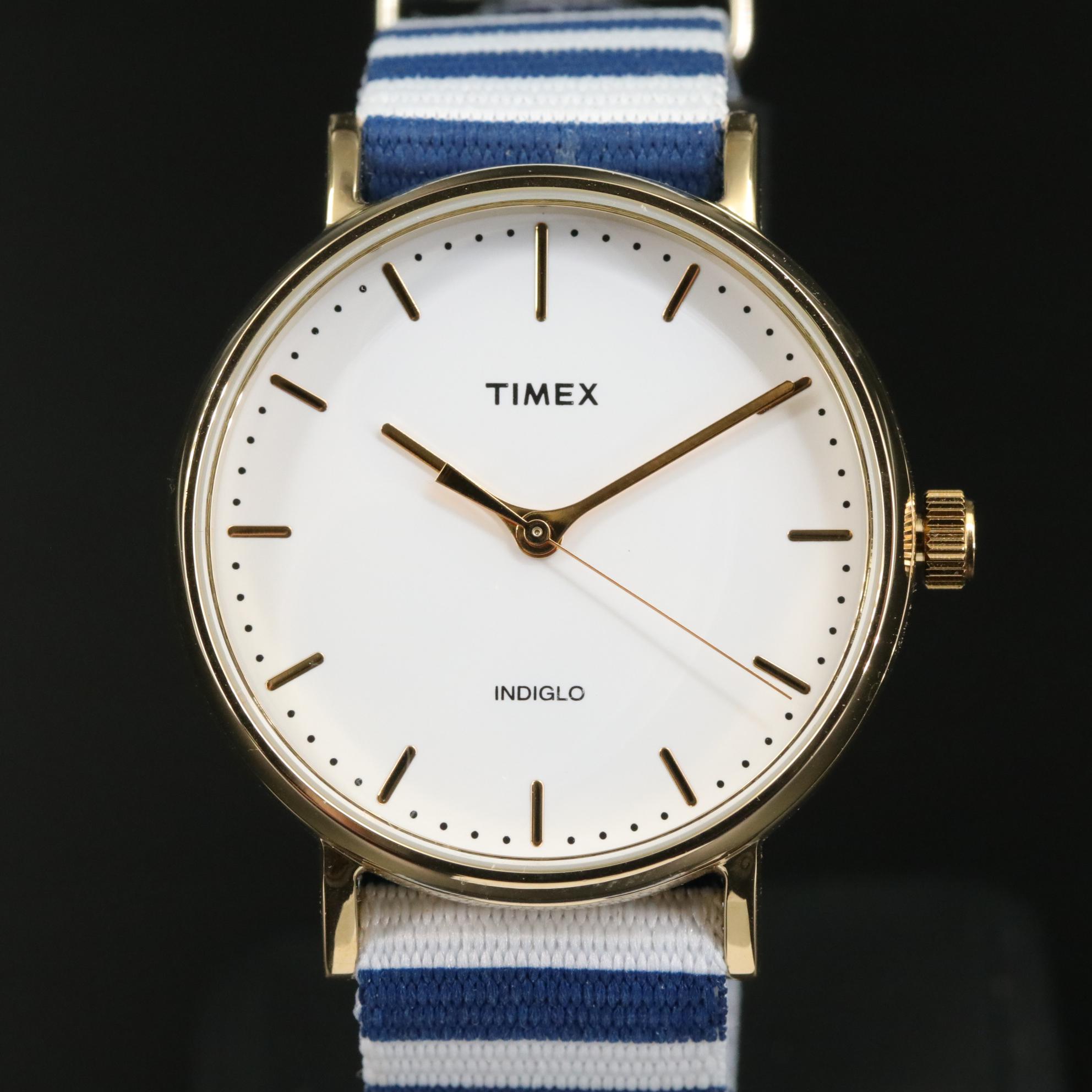 Timex Fairfield Gold Tone Quartz Watch with Blue and White Bracelet