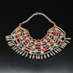Tibetan Coral and Turquoise Bib Necklace with Sterling