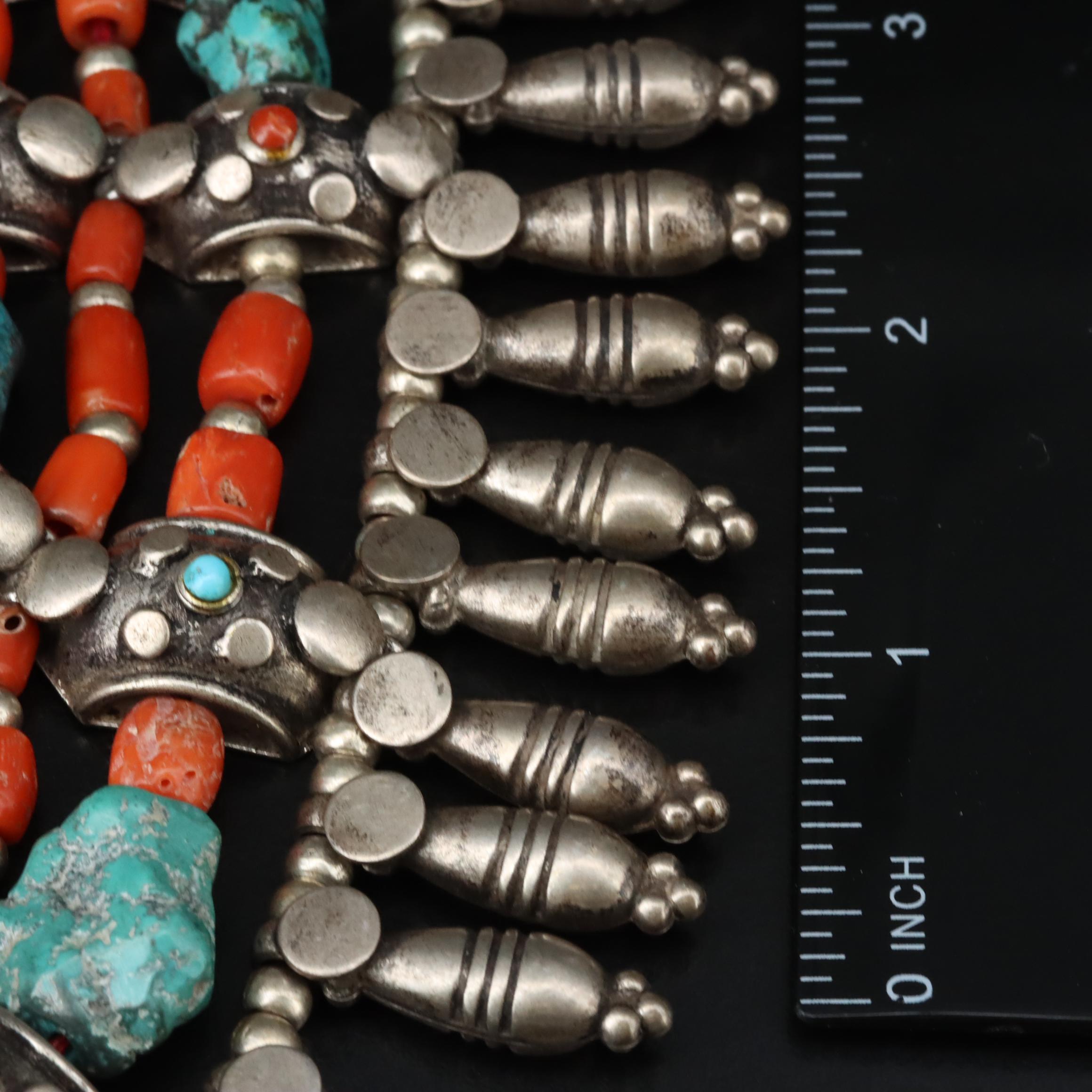 Tibetan Coral and Turquoise Bib Necklace with Sterling