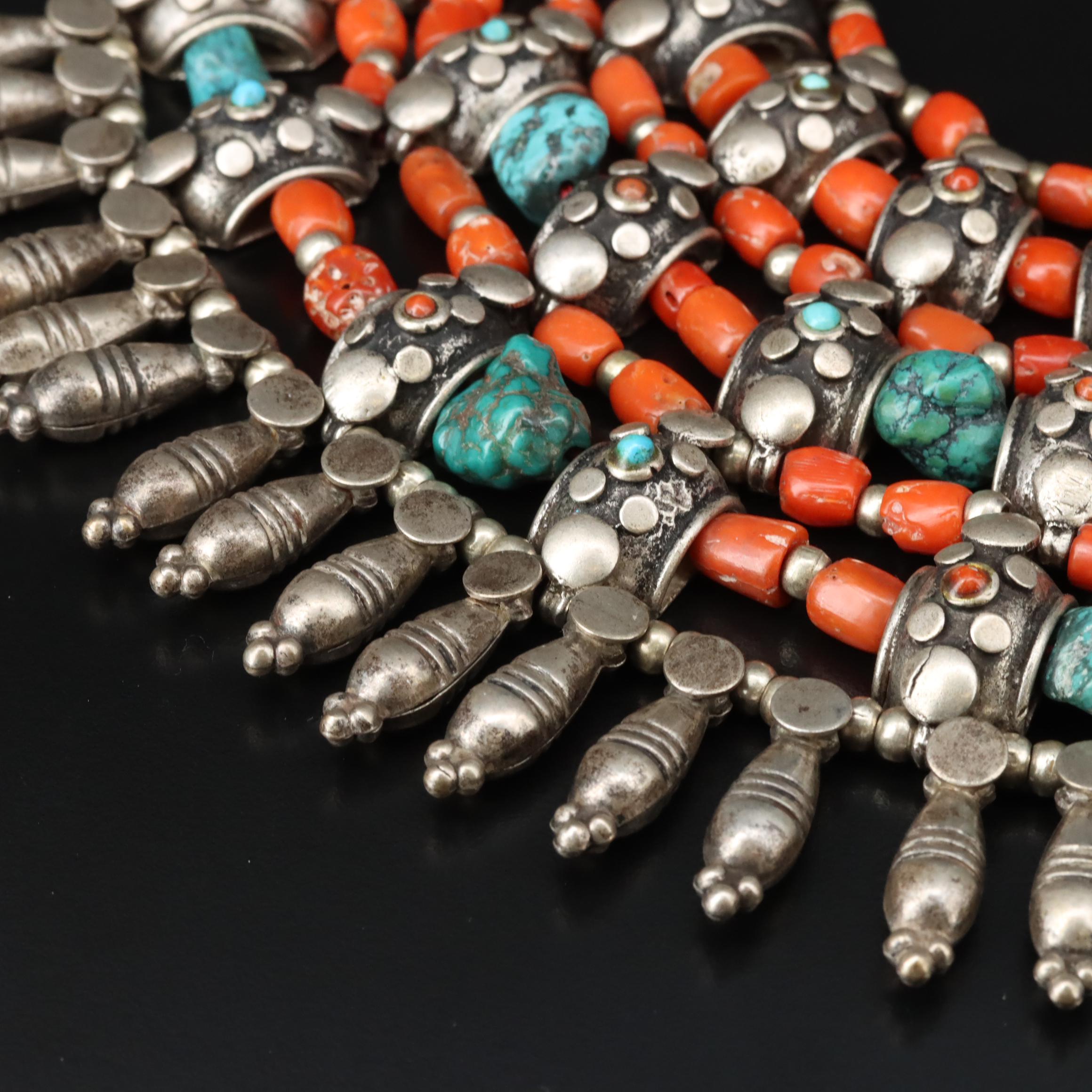 Tibetan Coral and Turquoise Bib Necklace with Sterling