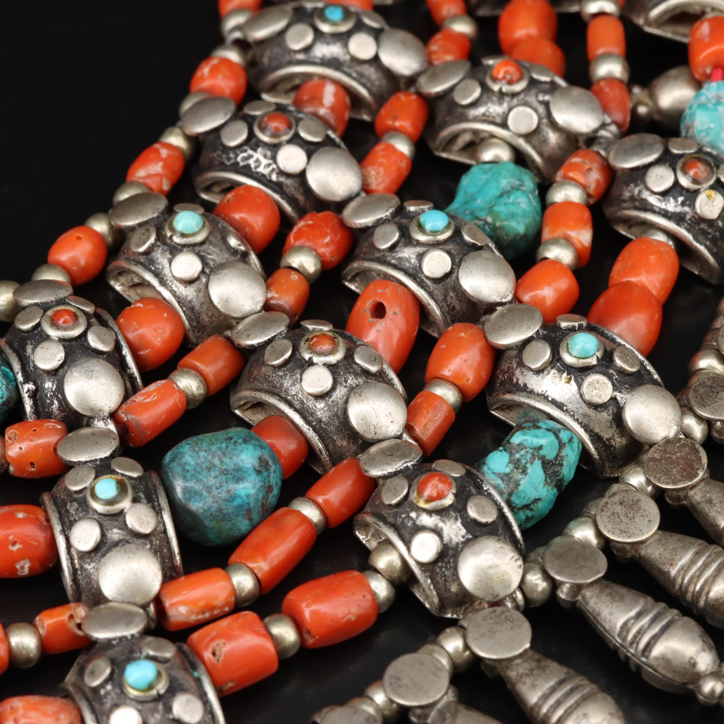 Tibetan Coral and Turquoise Bib Necklace with Sterling