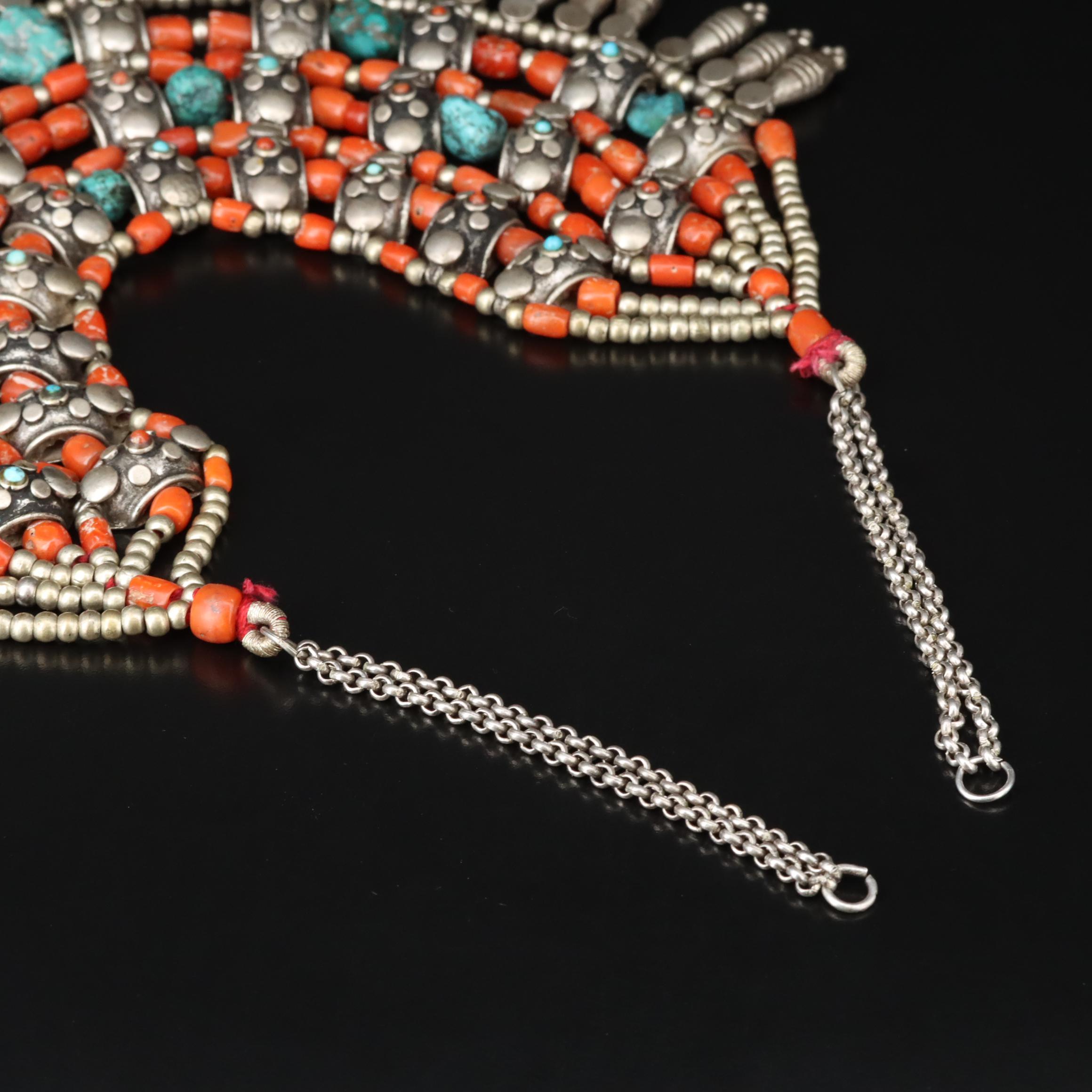 Tibetan Coral and Turquoise Bib Necklace with Sterling