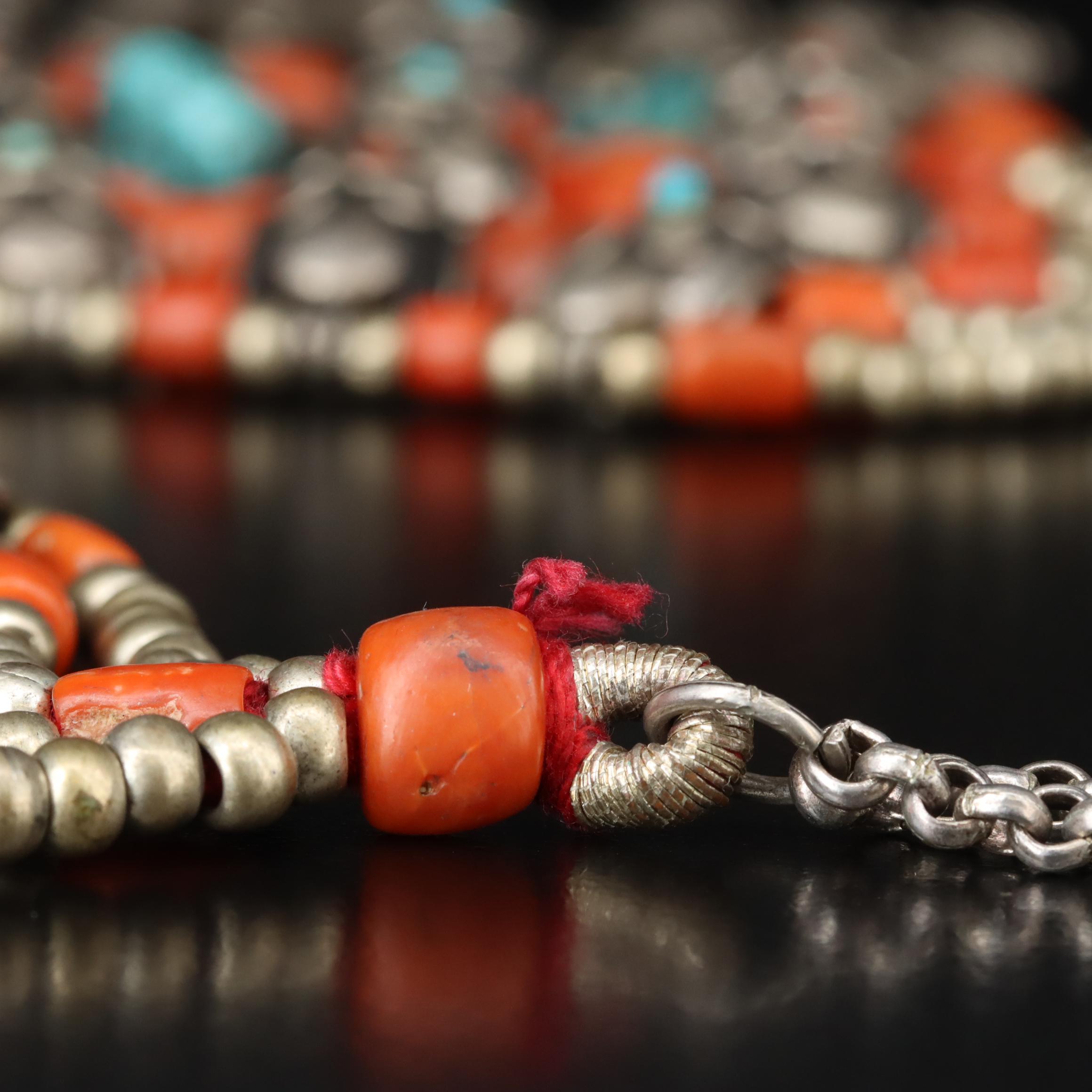 Tibetan Coral and Turquoise Bib Necklace with Sterling