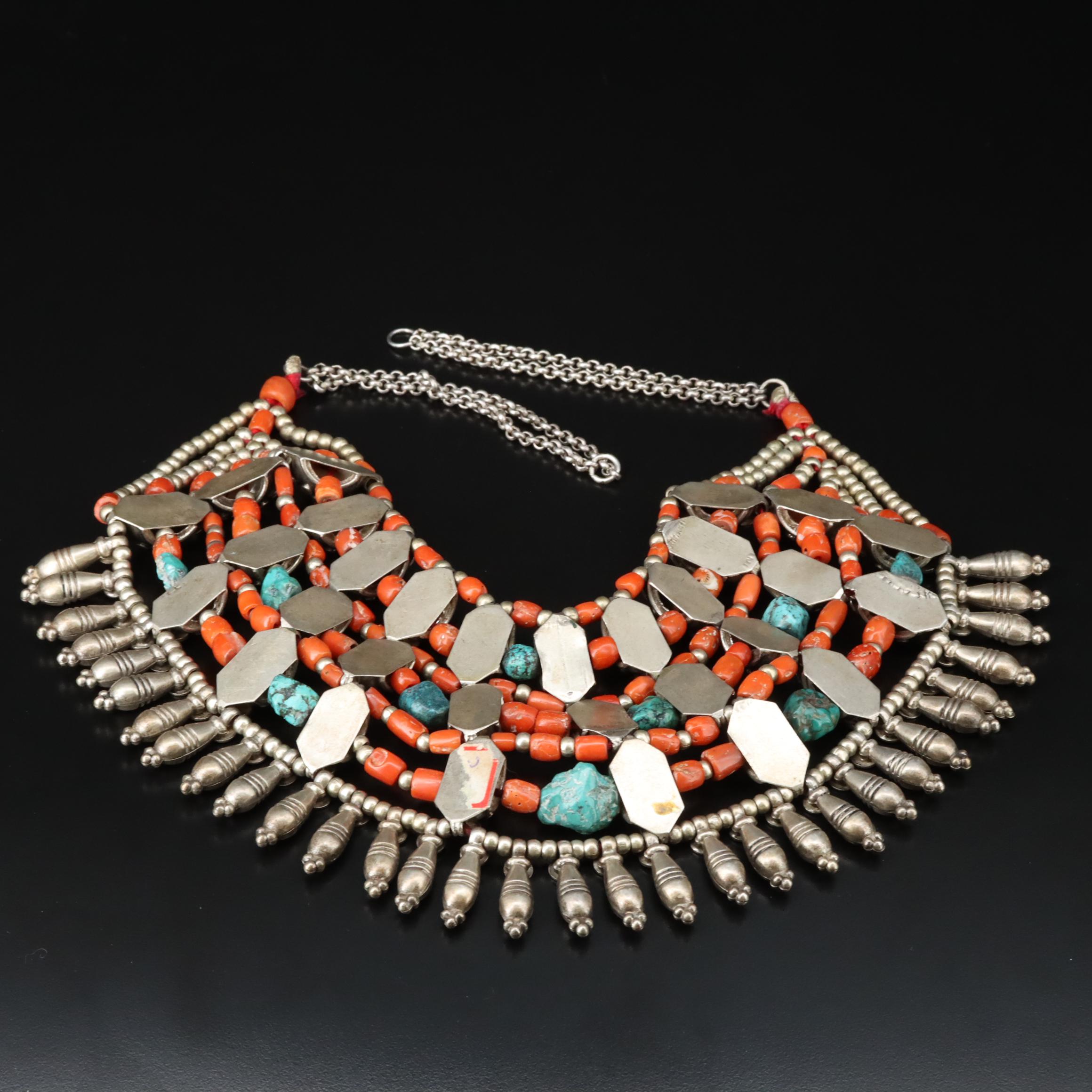 Tibetan Coral and Turquoise Bib Necklace with Sterling