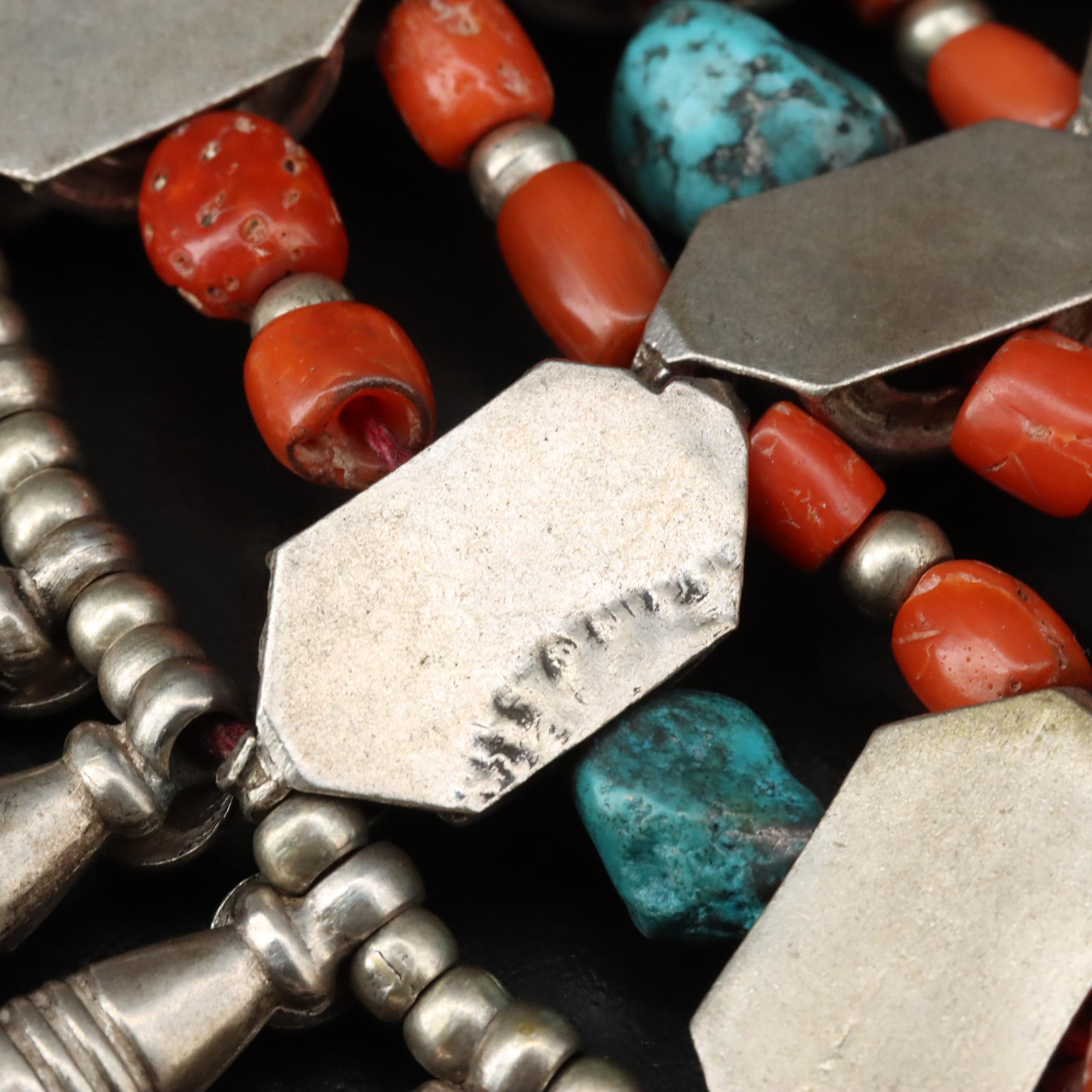 Tibetan Coral and Turquoise Bib Necklace with Sterling