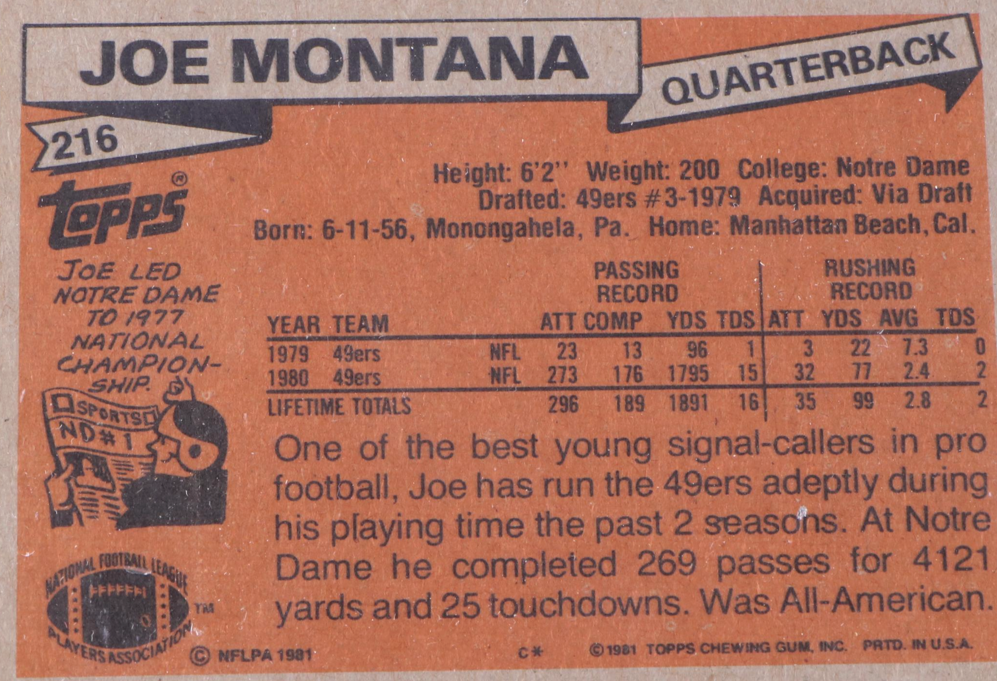 1981 Topps Joe Montana Rookie Card Graded Beckett BGS 6 EX-MT