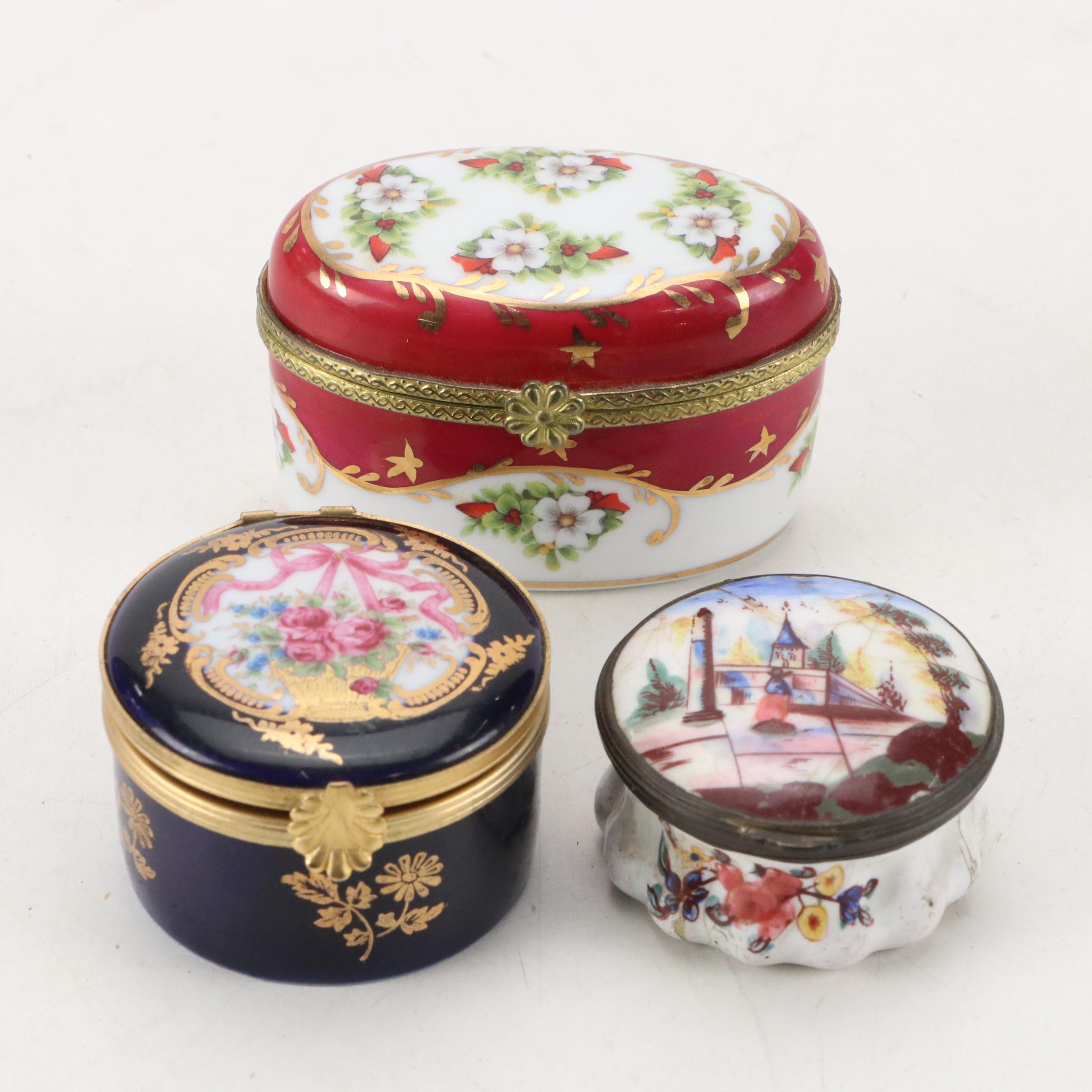 English Enameled Patch Box with Kämmer Volkstedt and Castel Porcelain Boxes