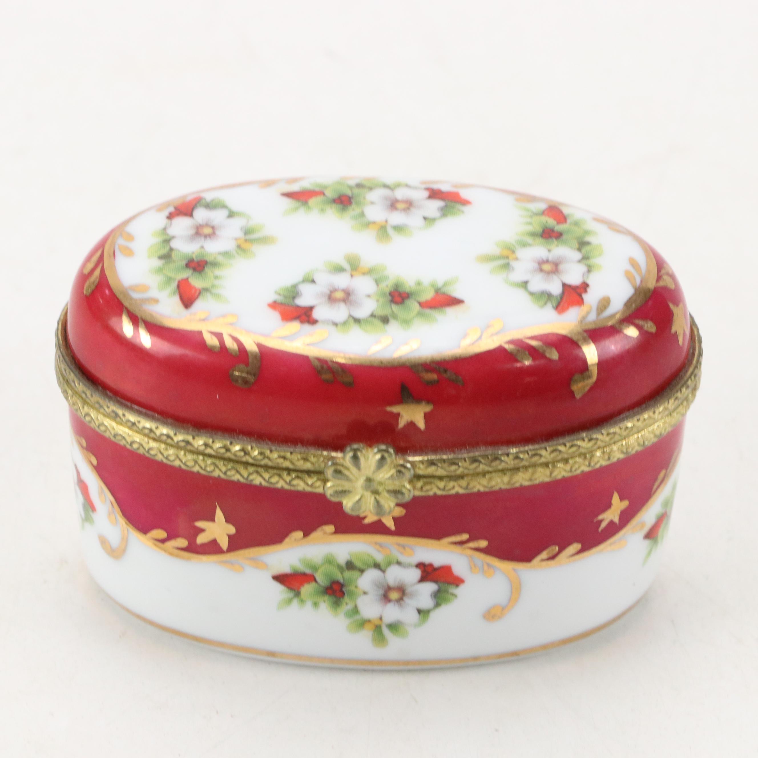 English Enameled Patch Box with Kämmer Volkstedt and Castel Porcelain Boxes