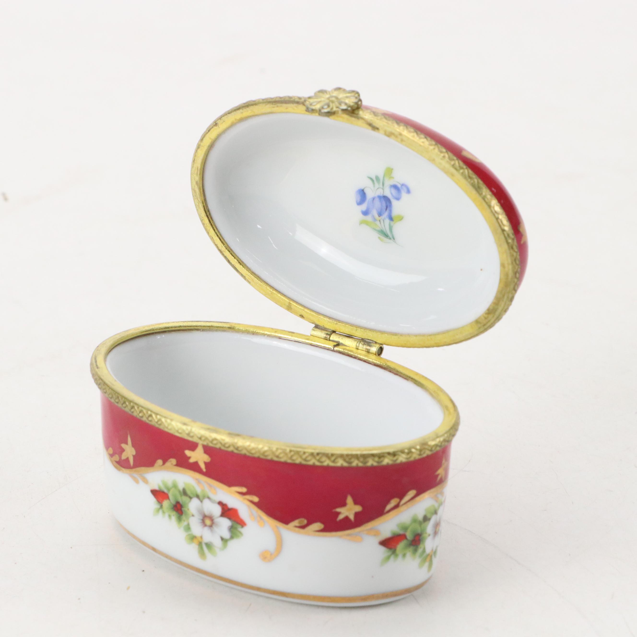 English Enameled Patch Box with Kämmer Volkstedt and Castel Porcelain Boxes