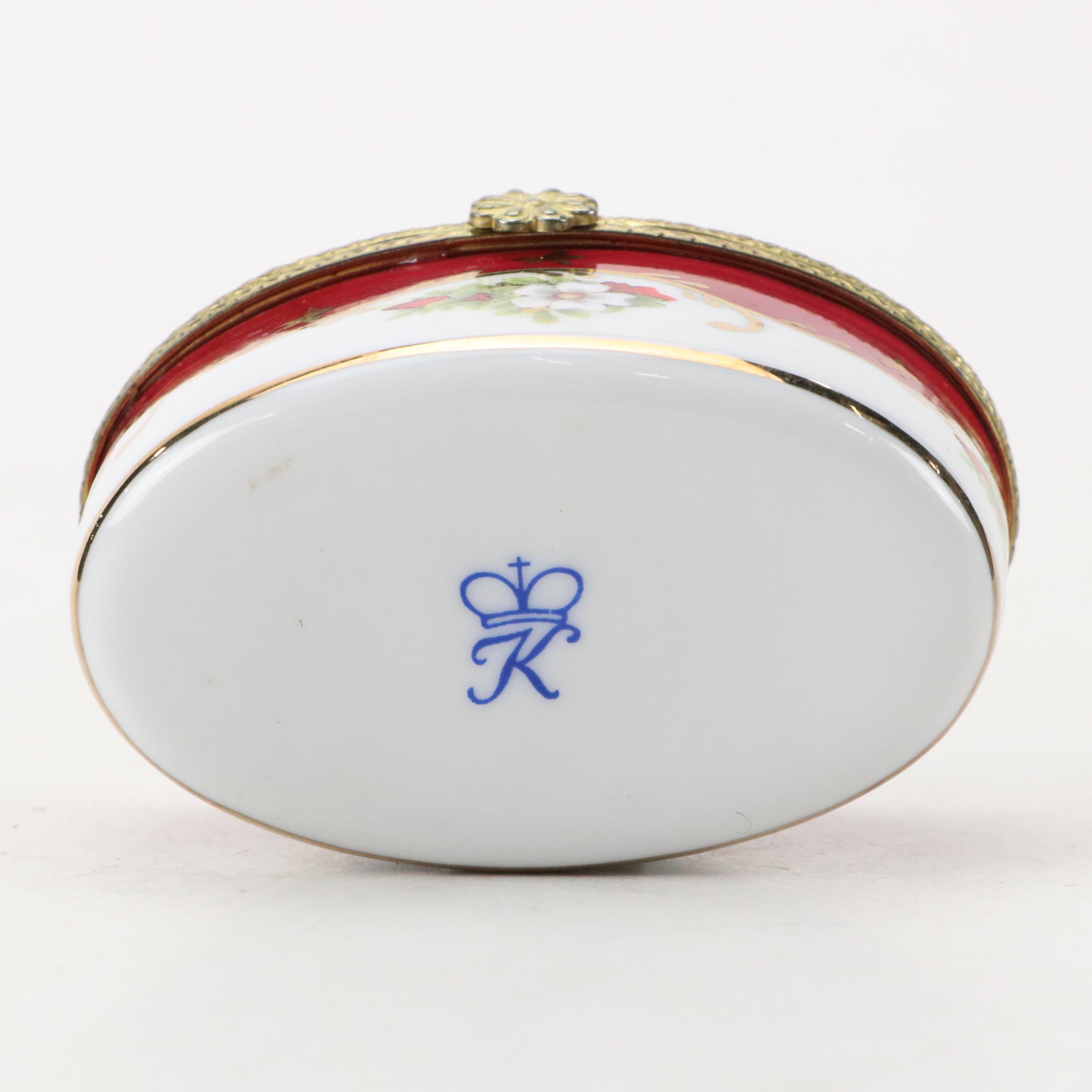 English Enameled Patch Box with Kämmer Volkstedt and Castel Porcelain Boxes