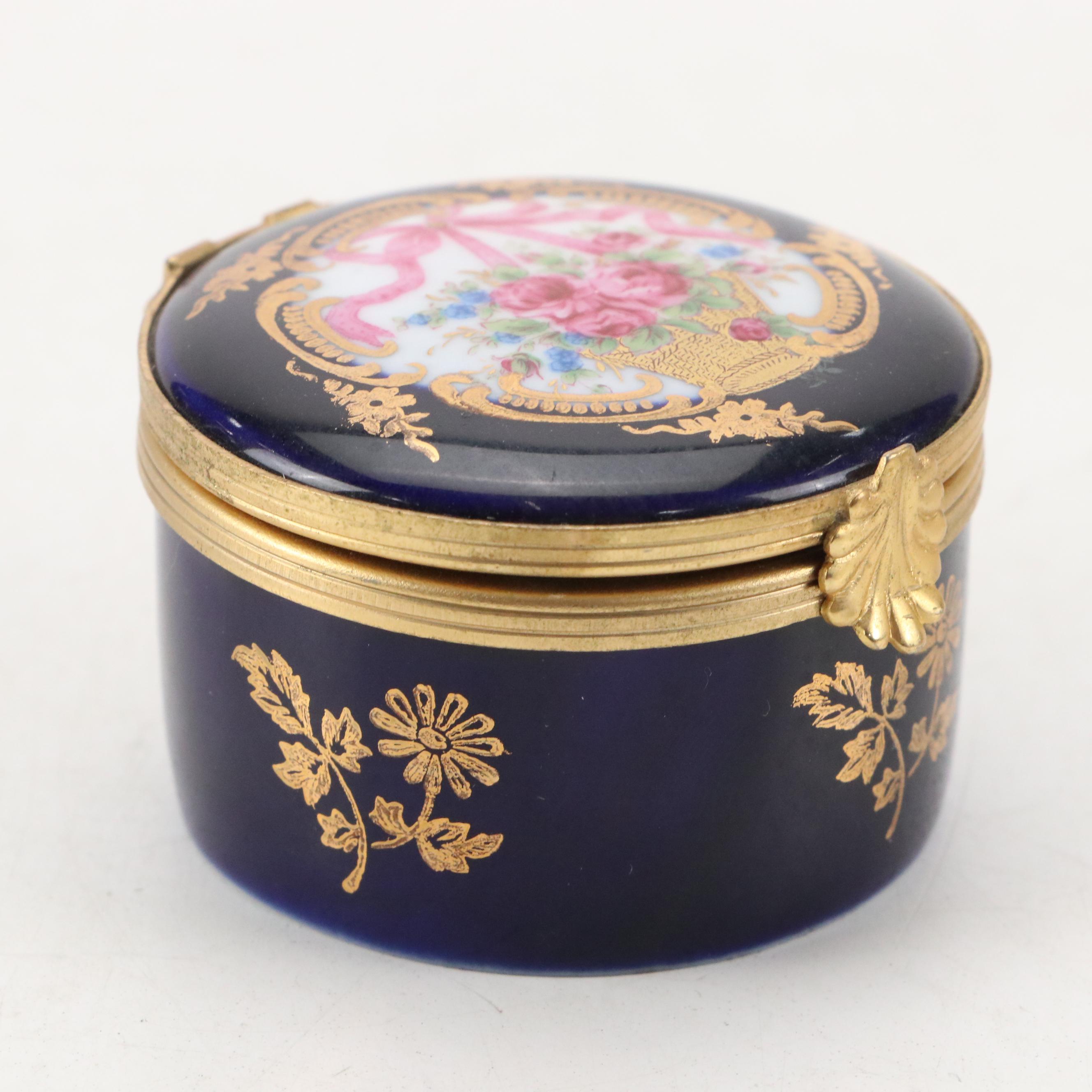 English Enameled Patch Box with Kämmer Volkstedt and Castel Porcelain Boxes