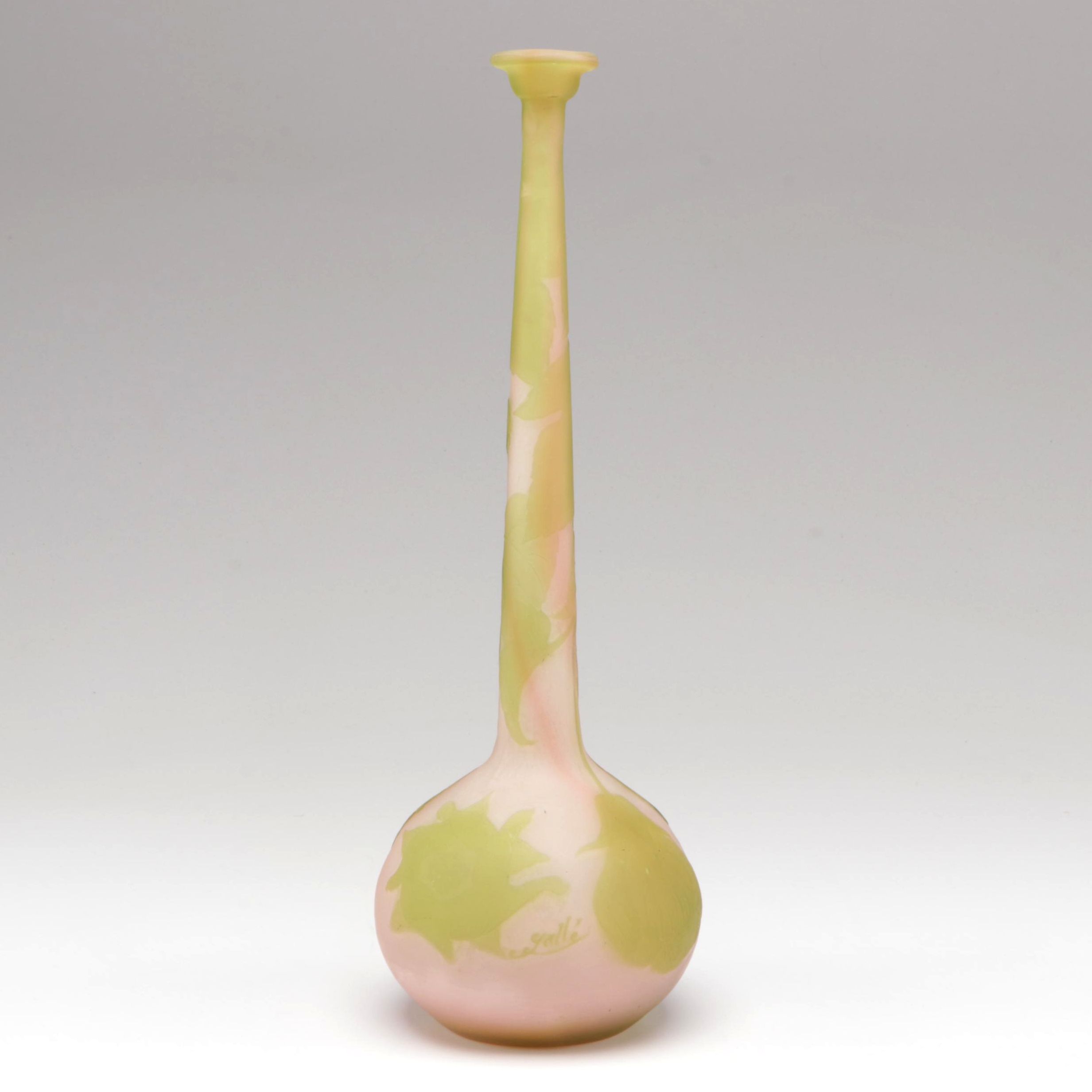 Gallé Pink and Green Cameo Glass Bottle Vase, Early 20th Century