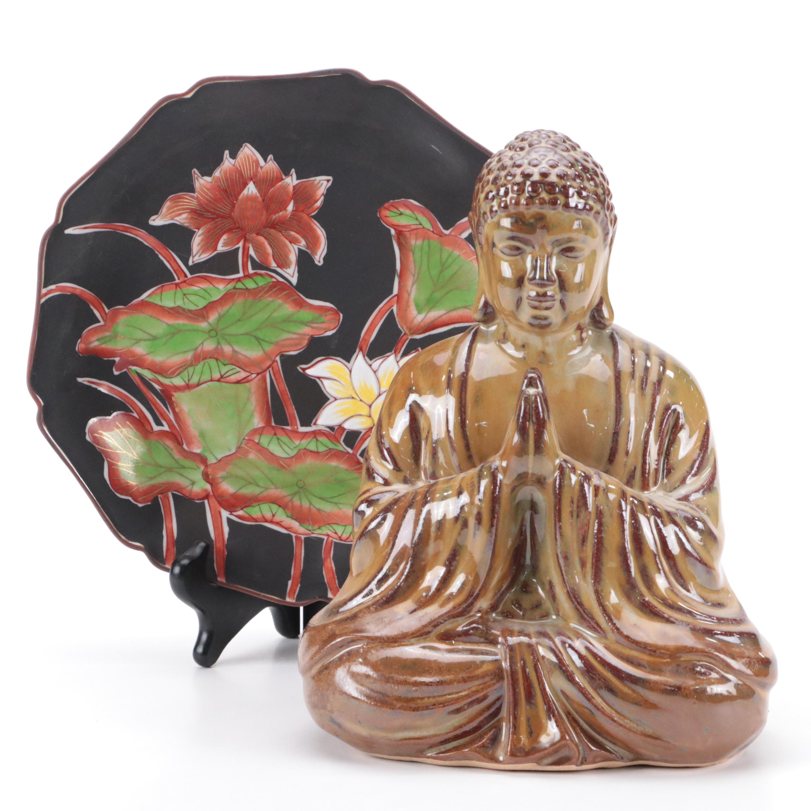 Namaskar Mudra Pose Ceramic Buddha with Hand Glazed Japanese Porcelain Plate