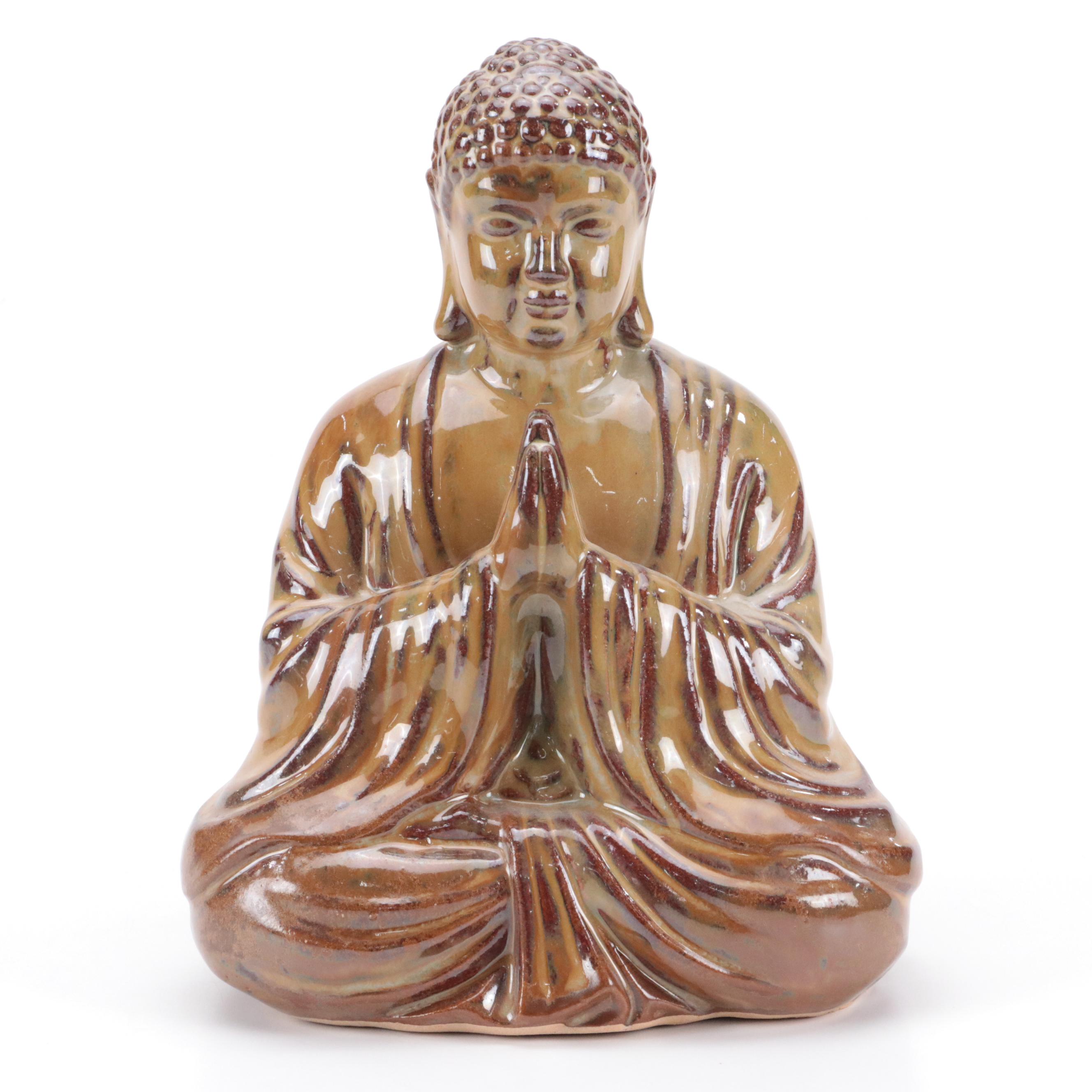 Namaskar Mudra Pose Ceramic Buddha with Hand Glazed Japanese Porcelain Plate