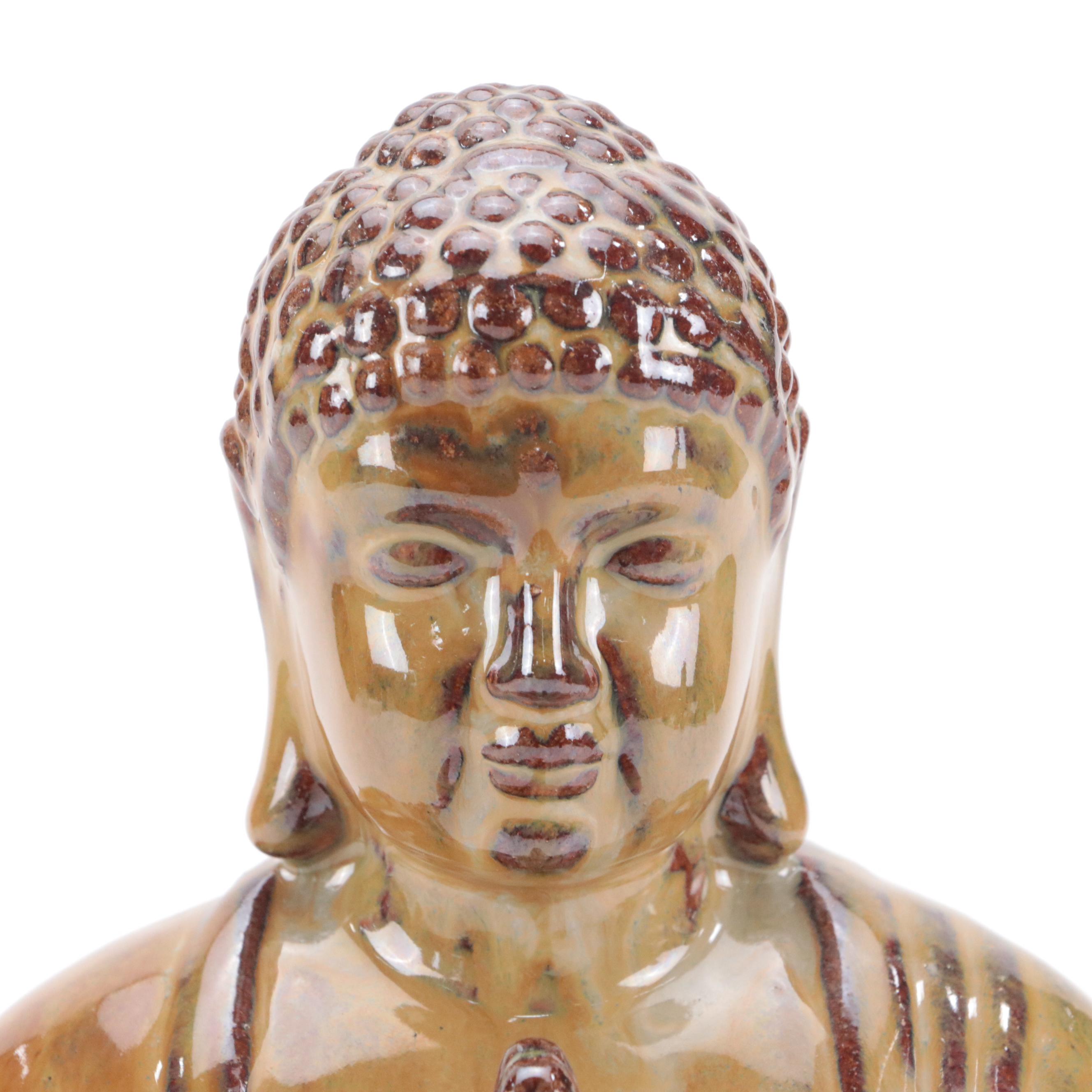 Namaskar Mudra Pose Ceramic Buddha with Hand Glazed Japanese Porcelain Plate